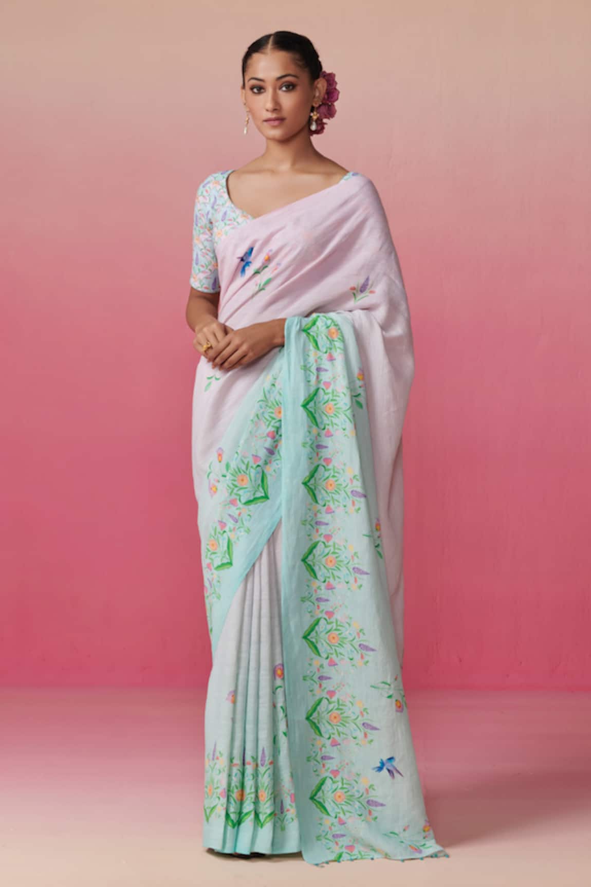 Dressfolk Multicolor Floral Bird Print Linen Saree 