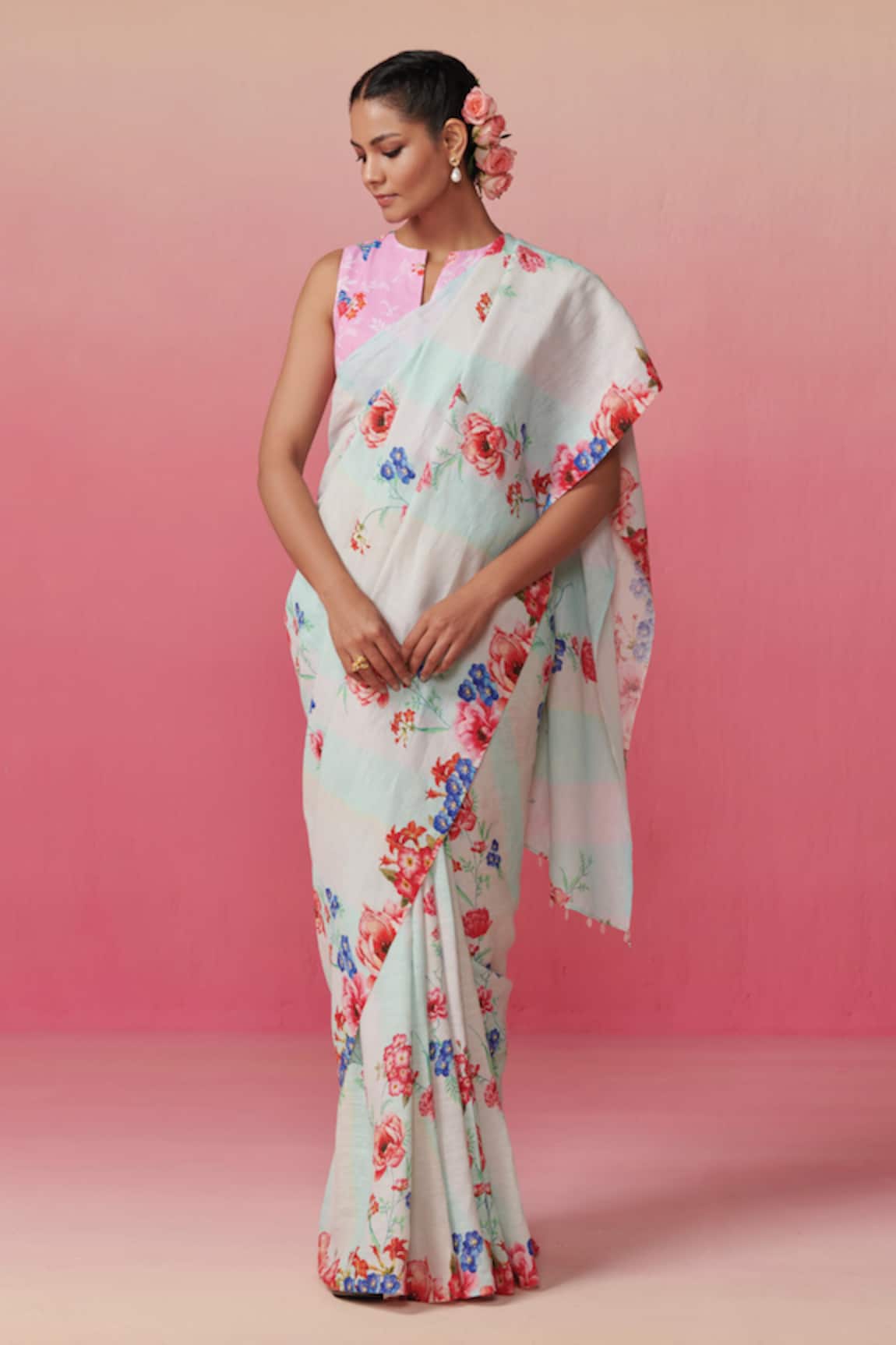 Dressfolk Pushp Linen Floral Print Saree