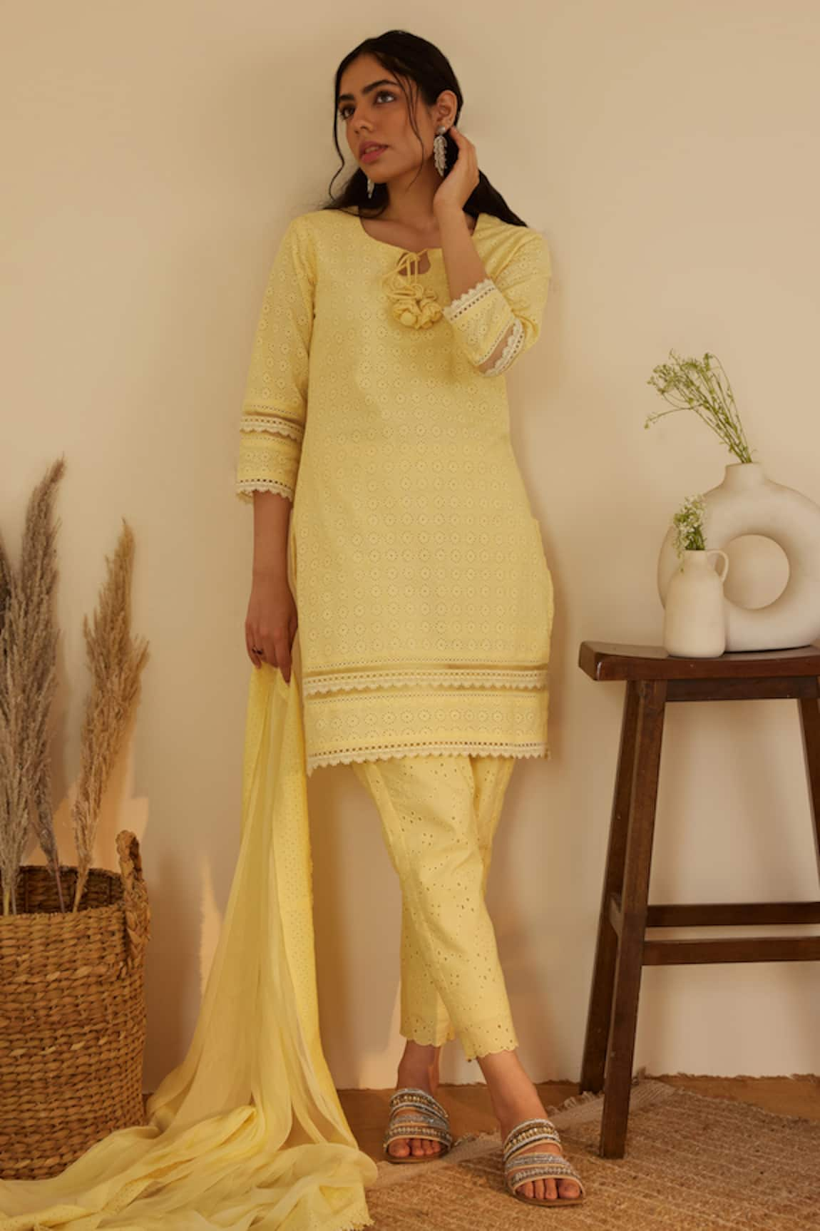 Shrutkirti Cotton Schiffli Pattern Straight Kurta Set