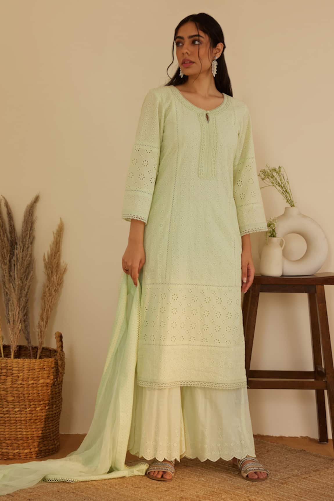 Shrutkirti Cotton Schiffli Cutwork Pattern Kurta Set