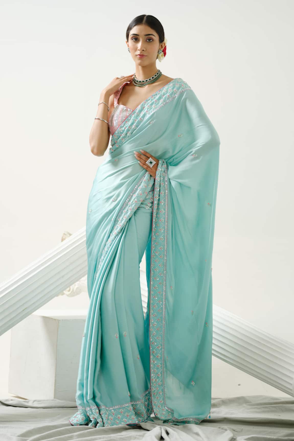 Tamaraa By Tahani Ocean Green Cutdana Embroidered Saree Set 