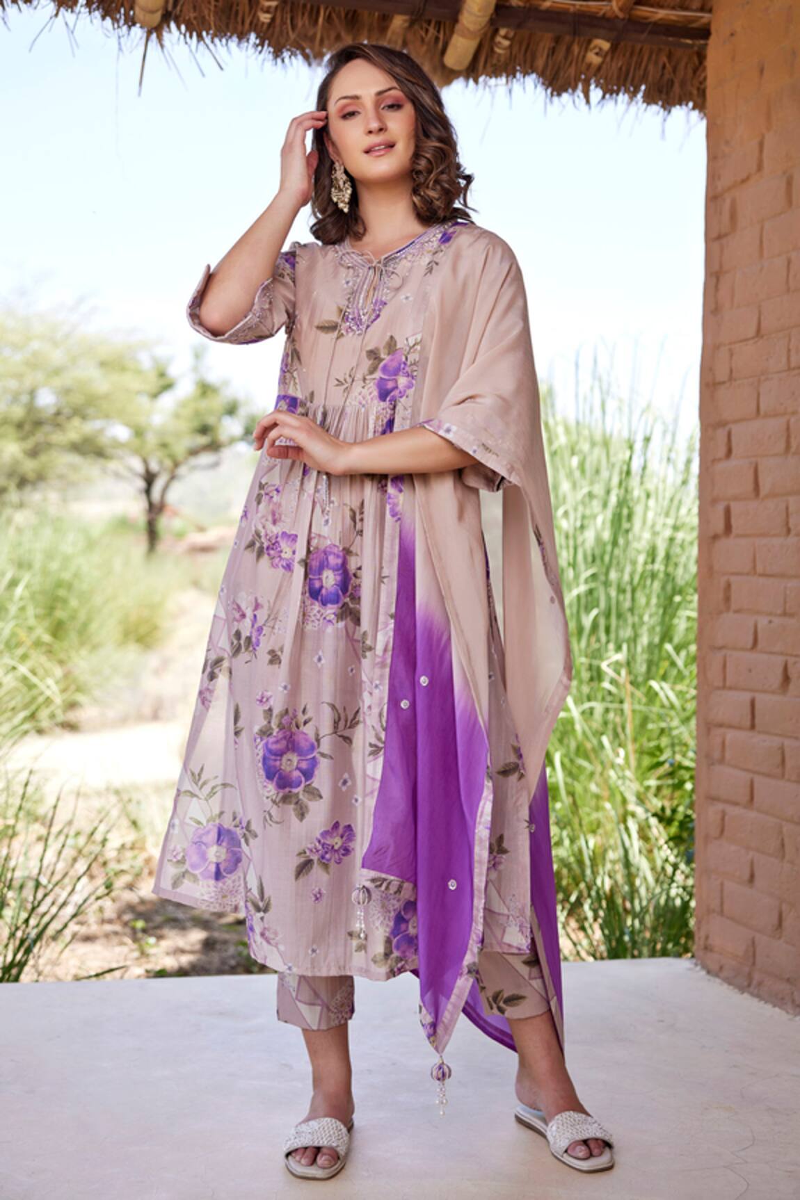 Harsha Khatry Chanderi Silk Floral Print A-Line Kurta Set