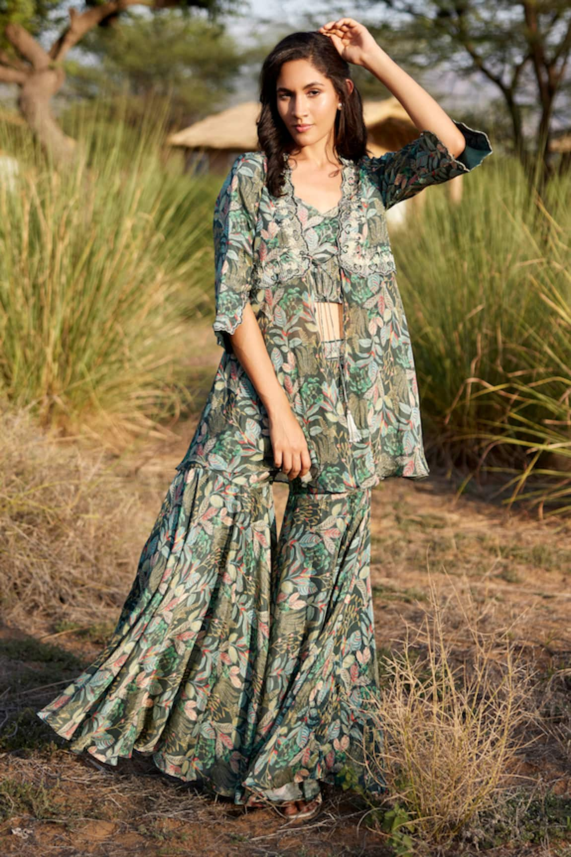 Harsha Khatry Tropical Floral Print Cape & Gharara Set