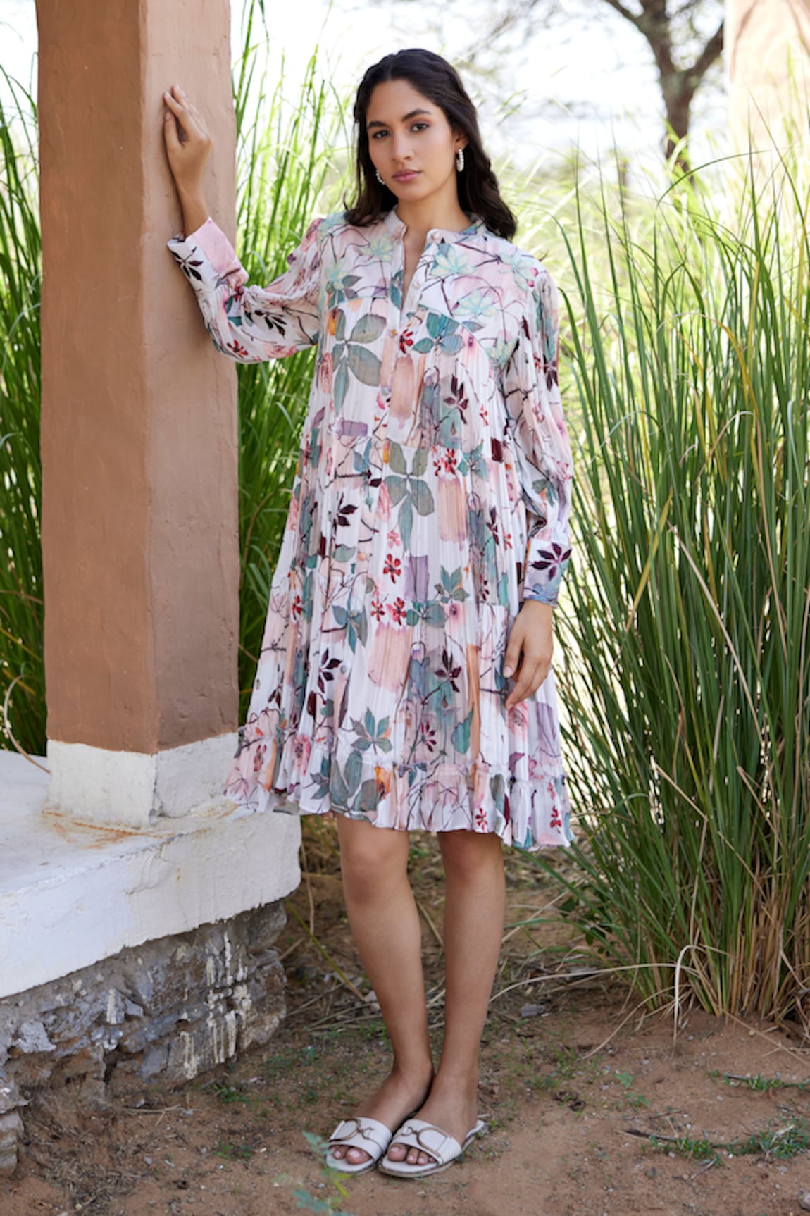 Harsha Khatry Mandarin Collar Floral Print Dress