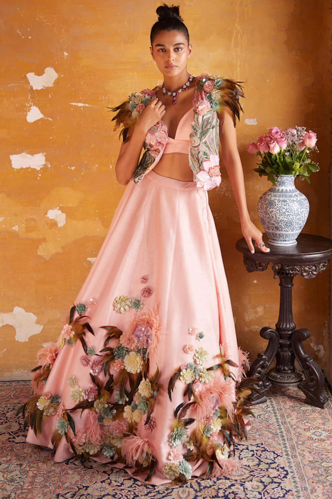 Varun Bahl 3D Floral Embellished Gilet Skirt Set