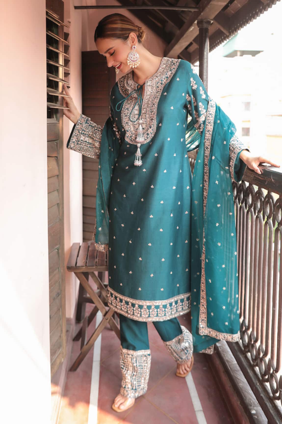 Kalighata Chanderi Floral Sequin Embroidered Kurta Pant Set
