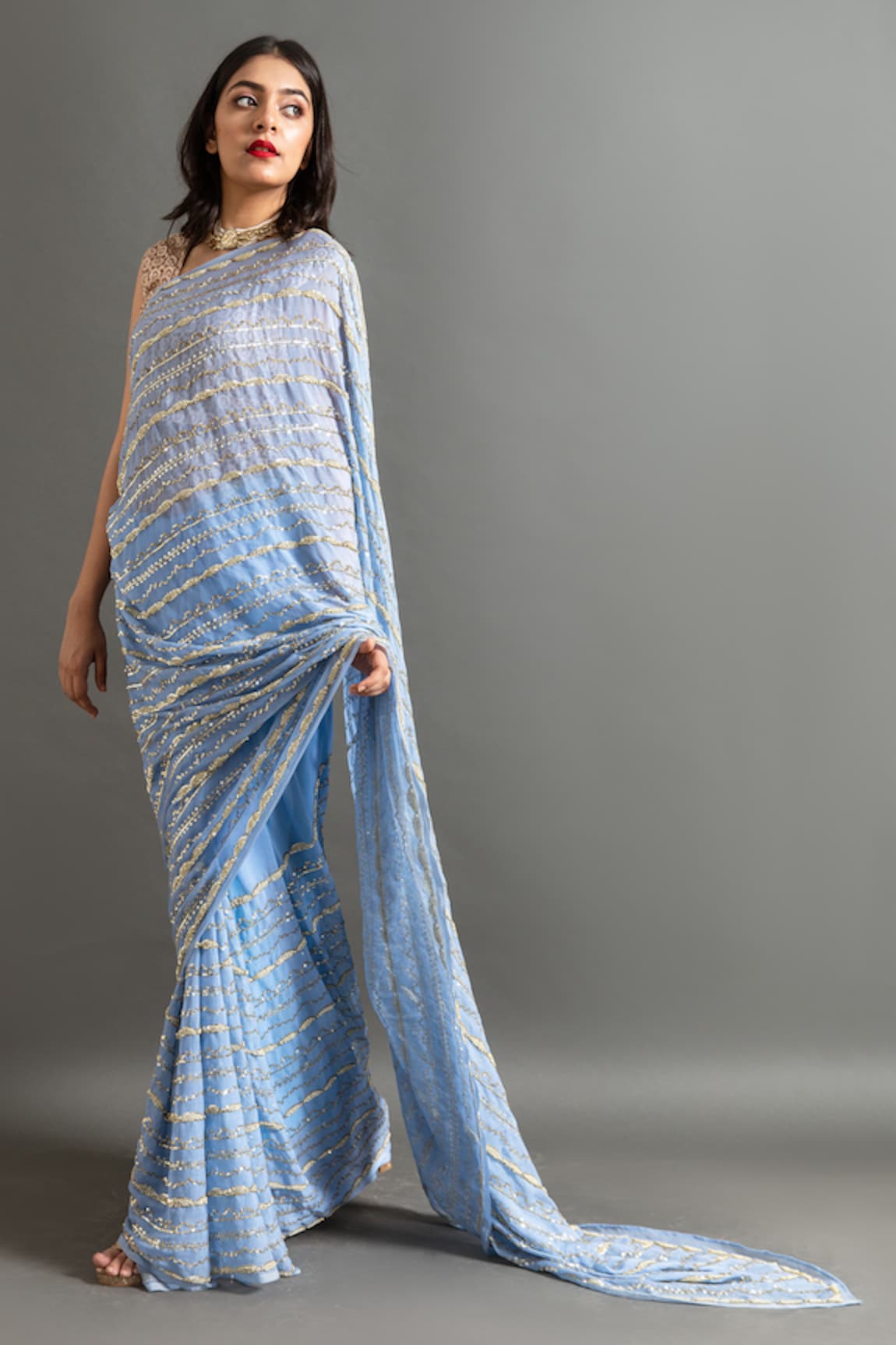 Ruar India Mogra Sequin Stripe Saree With Blouse