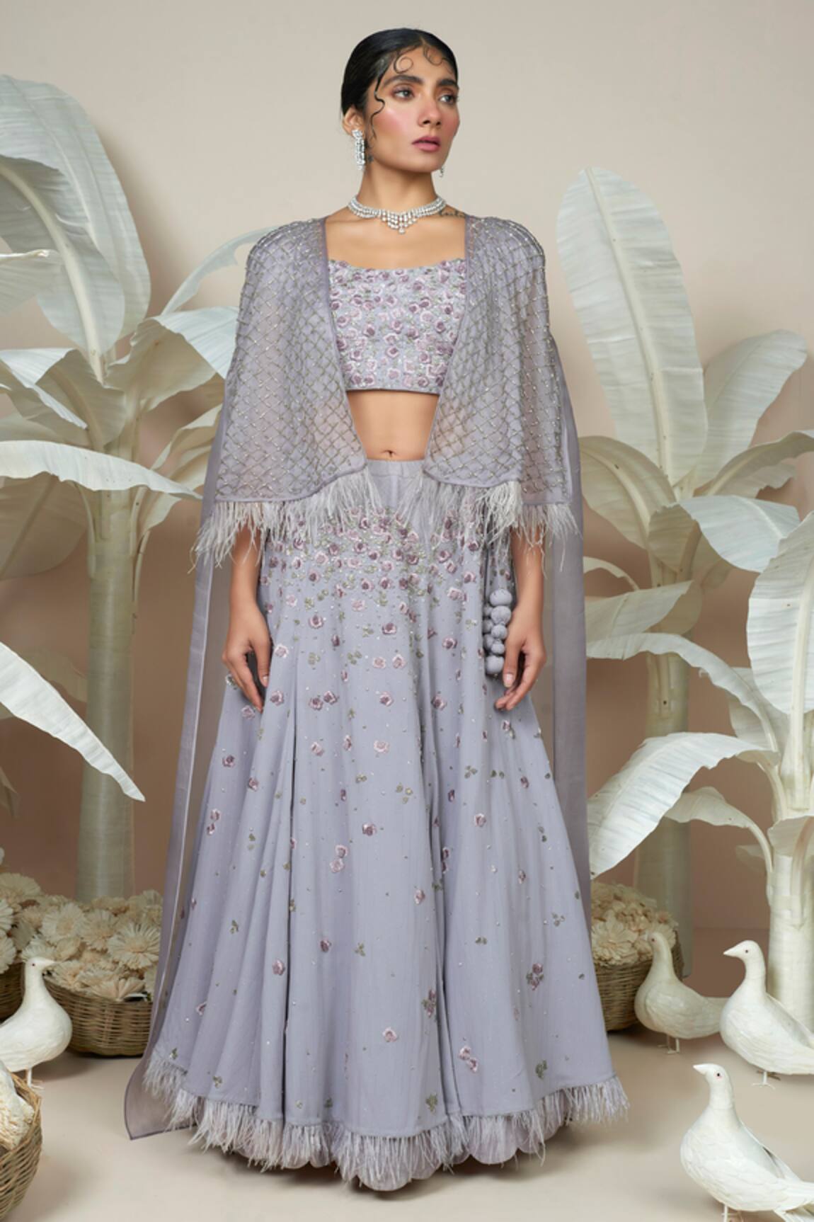 1999ad By Amita & Deepak Silasa Floral Butti Embroidered Lehenga Cape Set