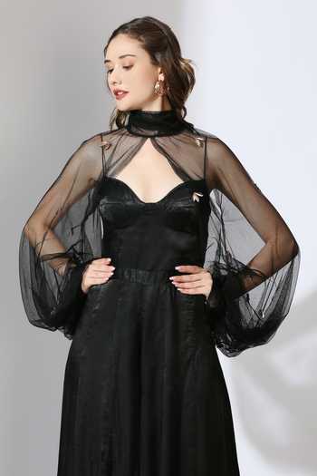 Buy Black Gabardine, Net Embroidery Sweetheart Neck Jumpsuit With