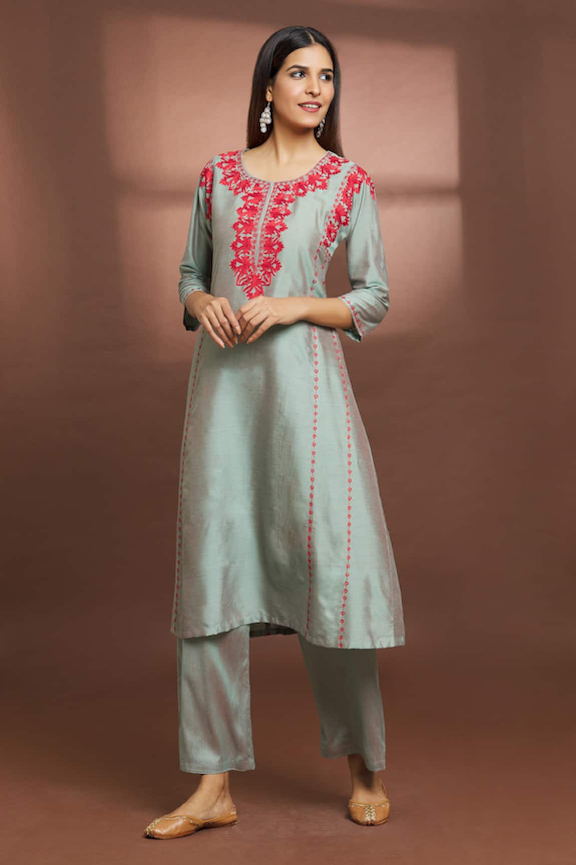 Samyukta Singhania Round Neck Embroidered Flared Kurta & Pant Set