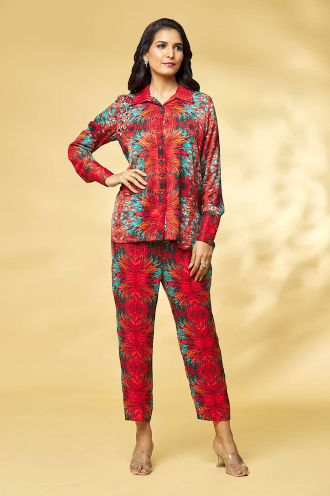 Khushbu Rathod Label Feather Print Shirt & Pant Set