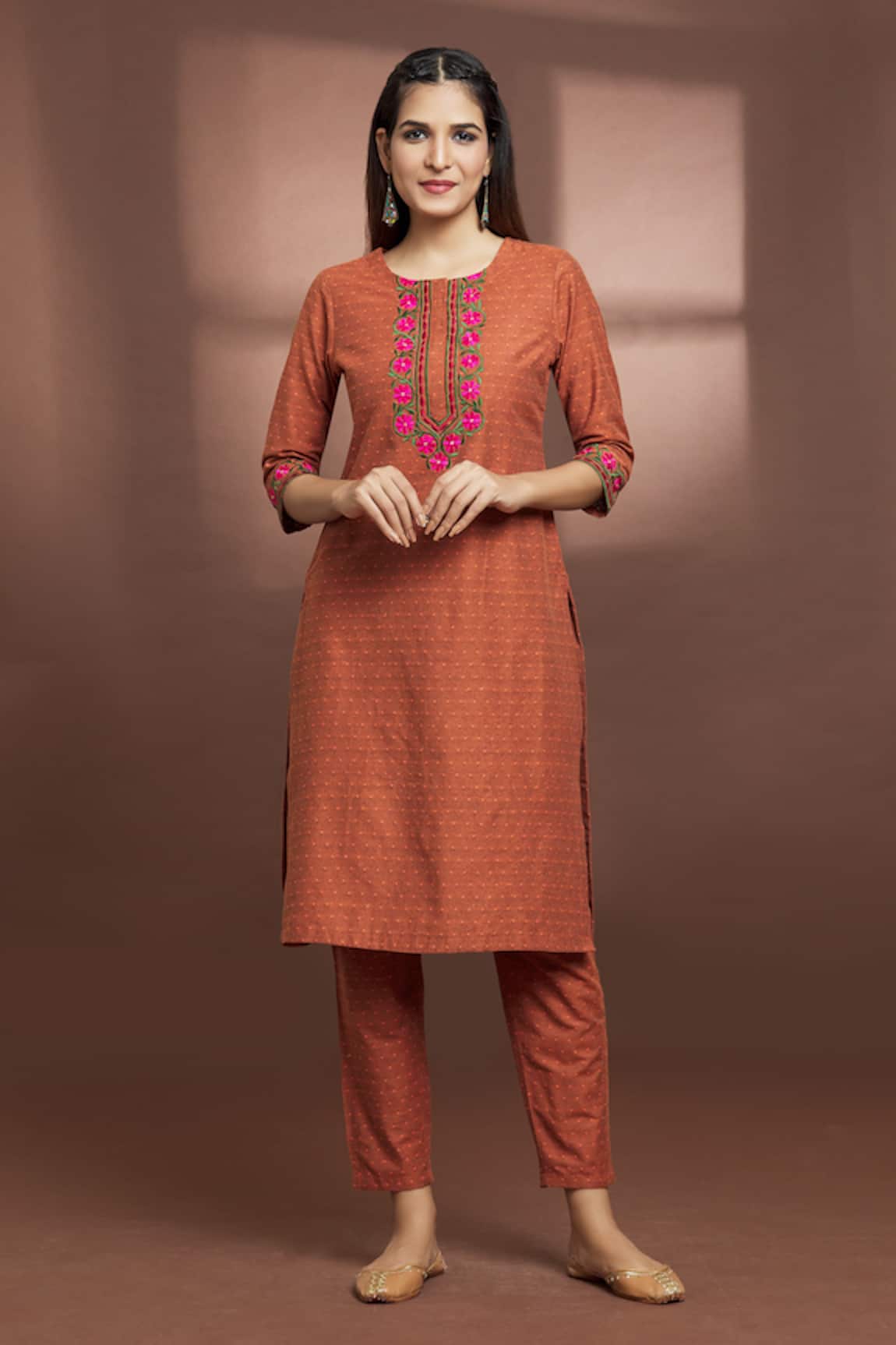 Adara Khan Cotton Embroidered Straight Kurta & Pant Set