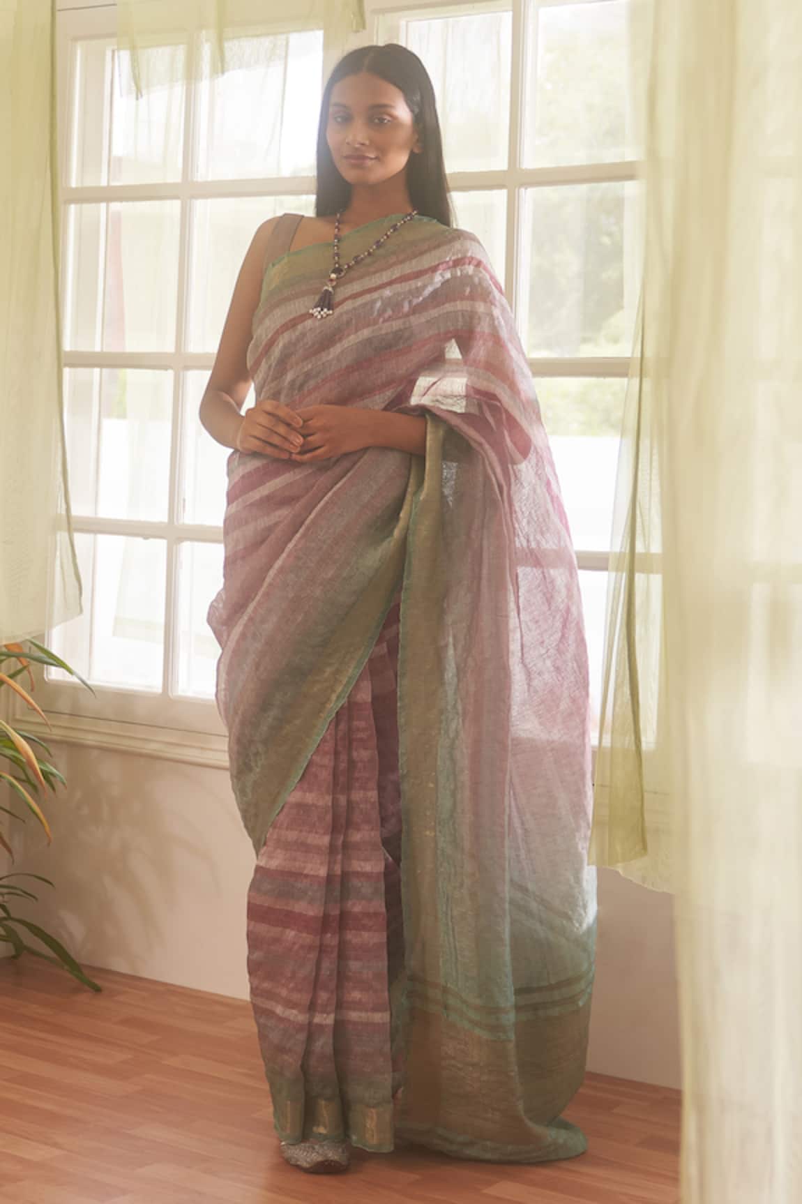 FIVE POINT FIVE Handloom Cotton Linen Saree With Running Blouse
