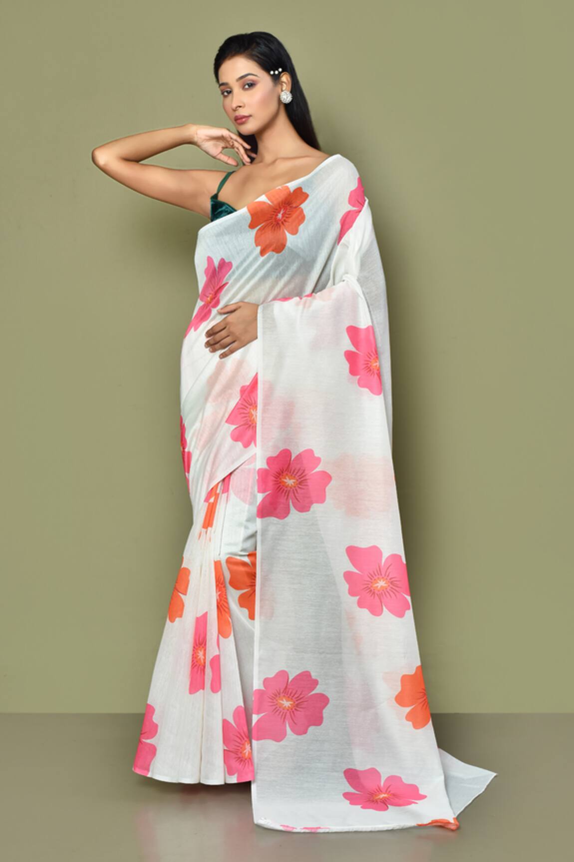 Adara Khan Floral Print Saree With Running Blouse