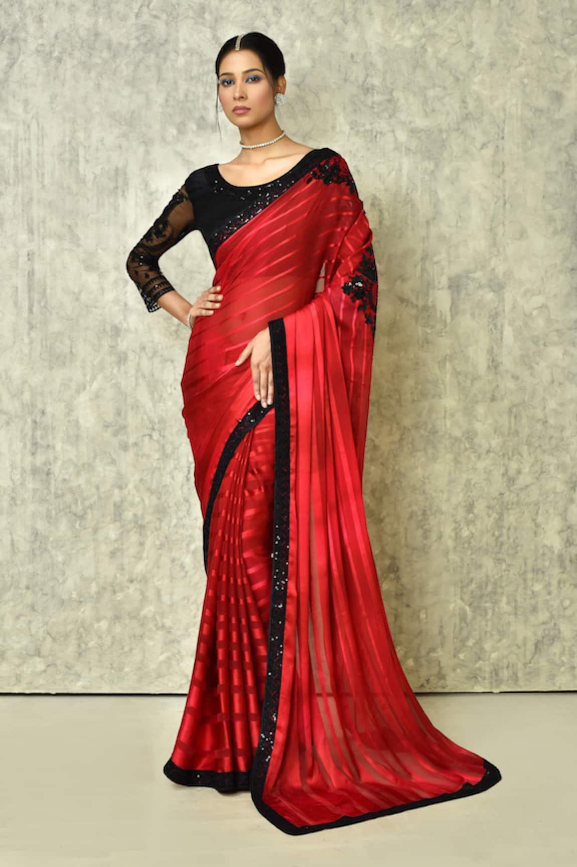Samyukta Singhania Floral Embroidered Striped Saree With Blouse