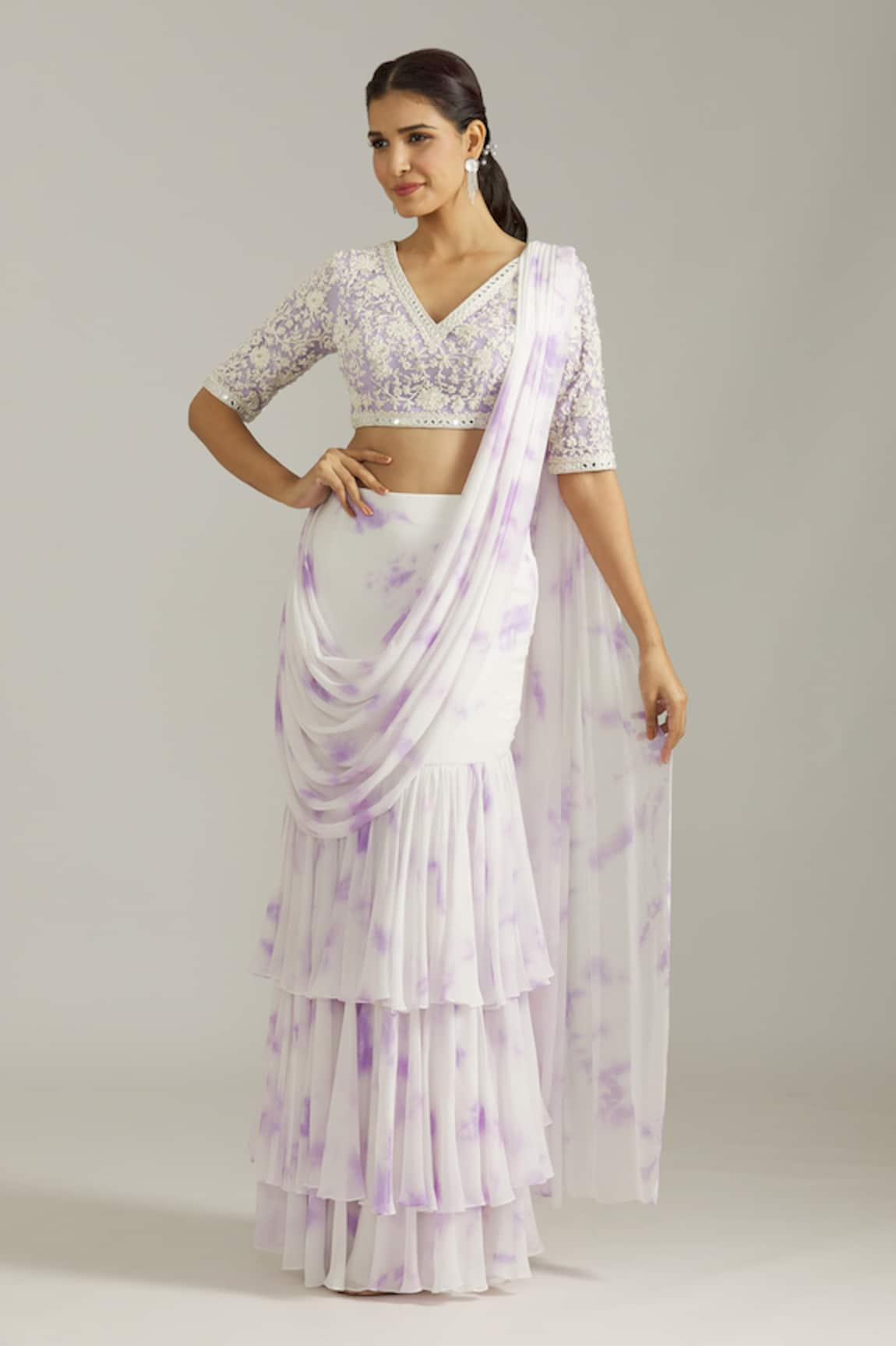 Priyaa Floral Embroidered Blouse With Pre-Draped Saree