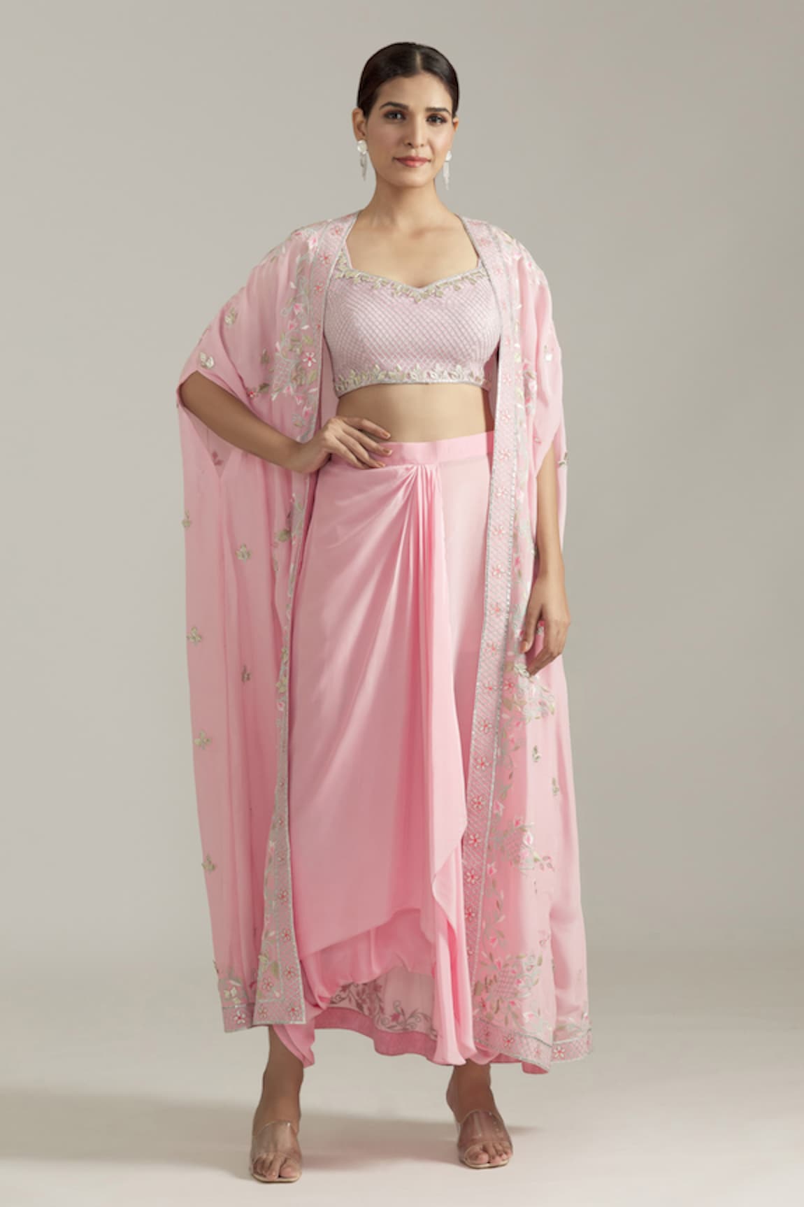 Priyaa Botanic Embroidered Cape Drape Pant Set