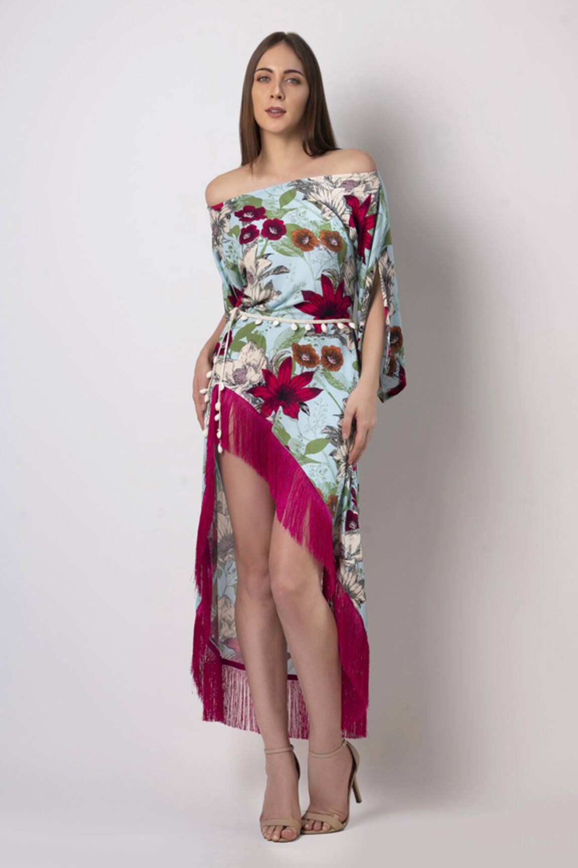 House Of Varada Floral Print Off Shoulder Dress With Belt
