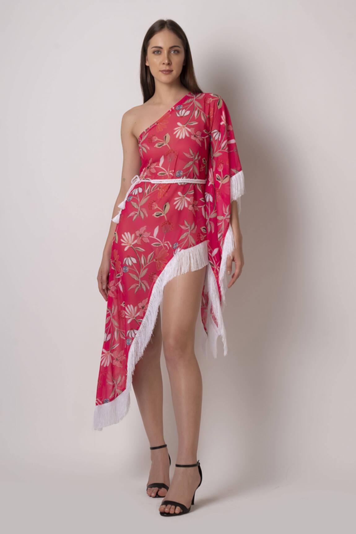 House of Varada Floral Print One-Shoulder Dress With Belt