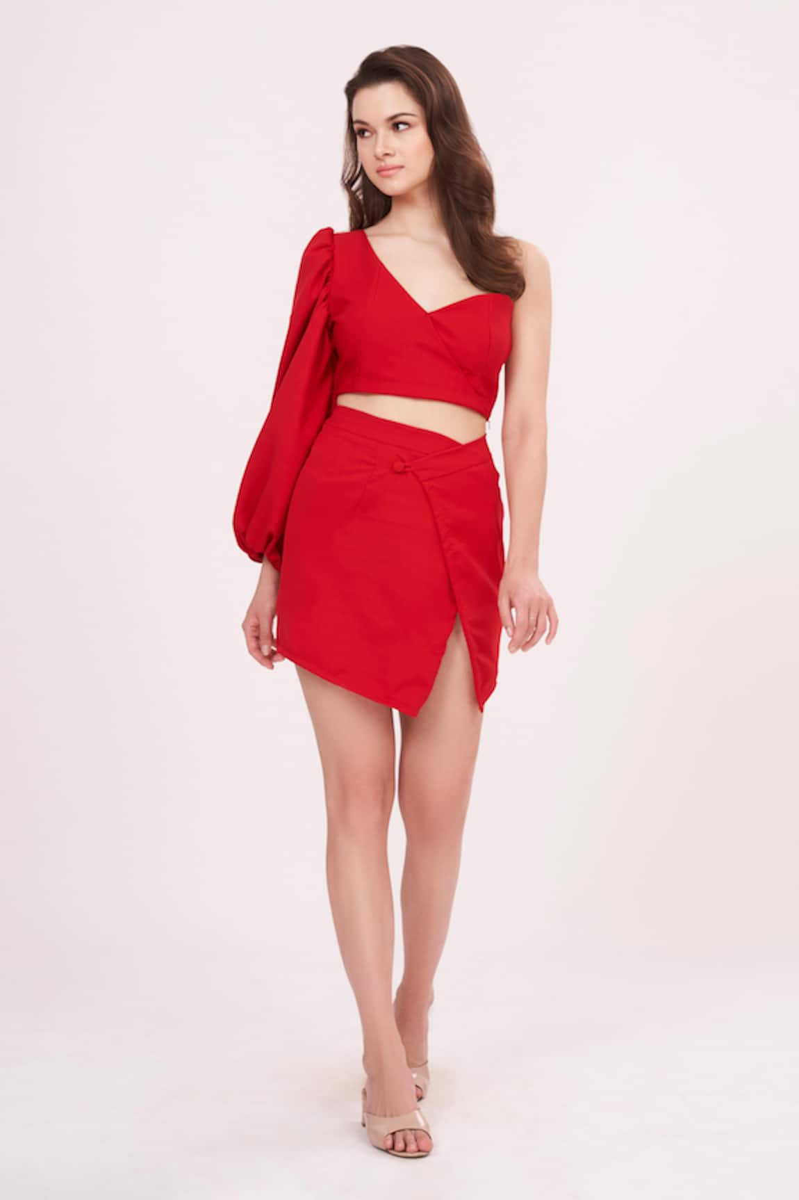 House of Varada Solid One-Shoulder Top & Skirt Set