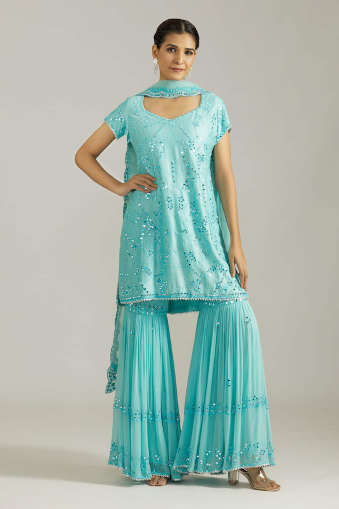 Priyaa Mirror Work Embellished Kurta Sharara Set