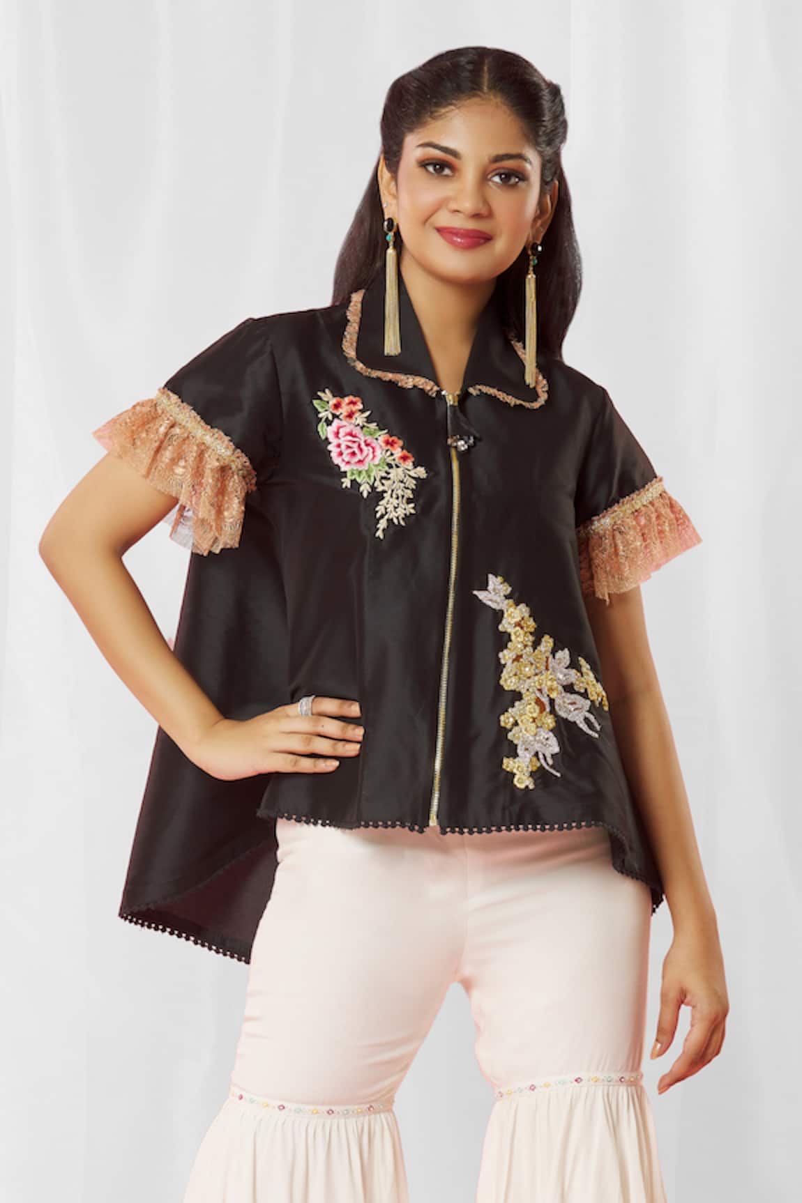 Bhairavi Jaikishan Floral Embroidered High Low Jacket