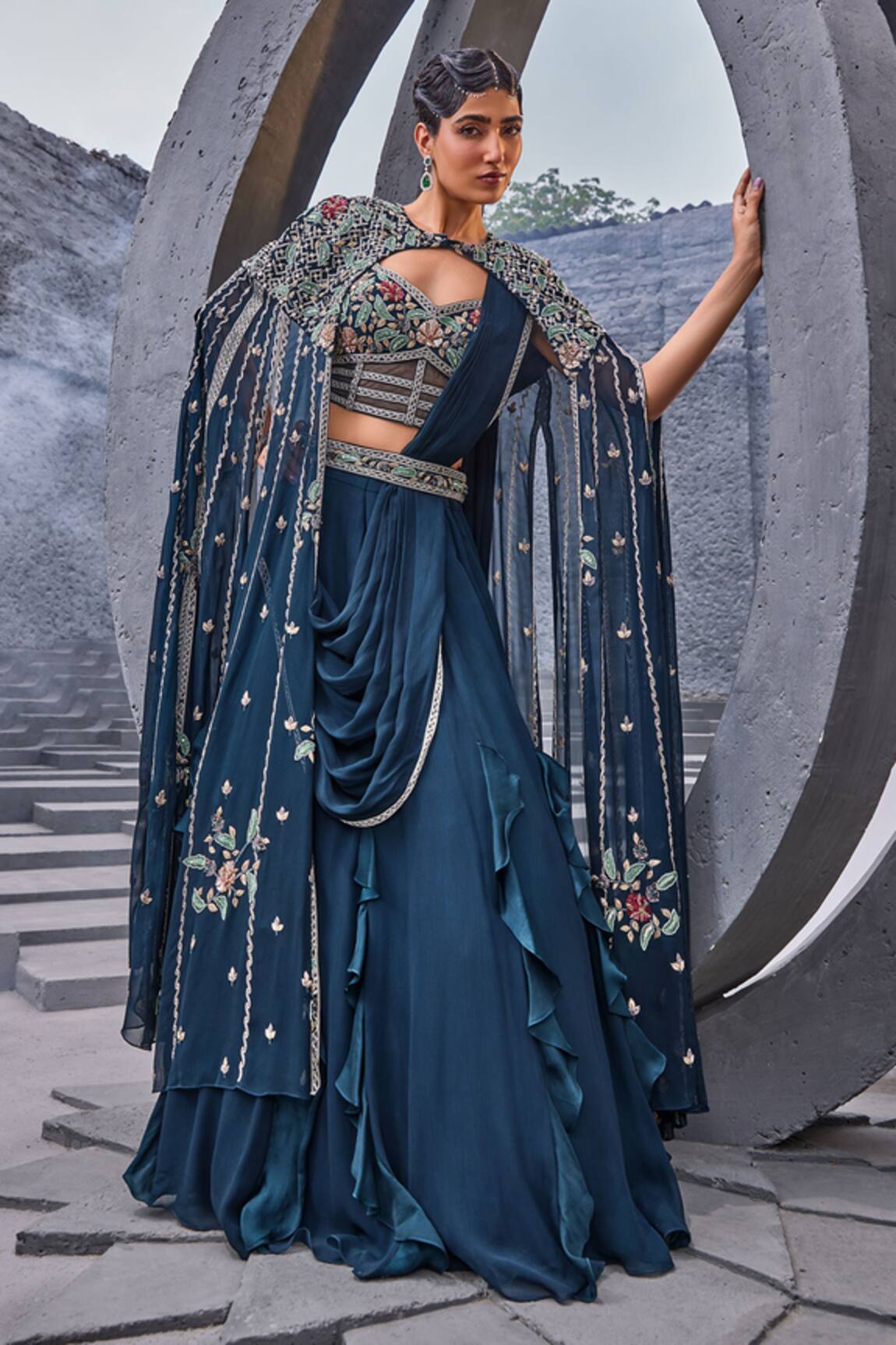 Miku Kumar Embroidered Cape Draped Lehenga Set