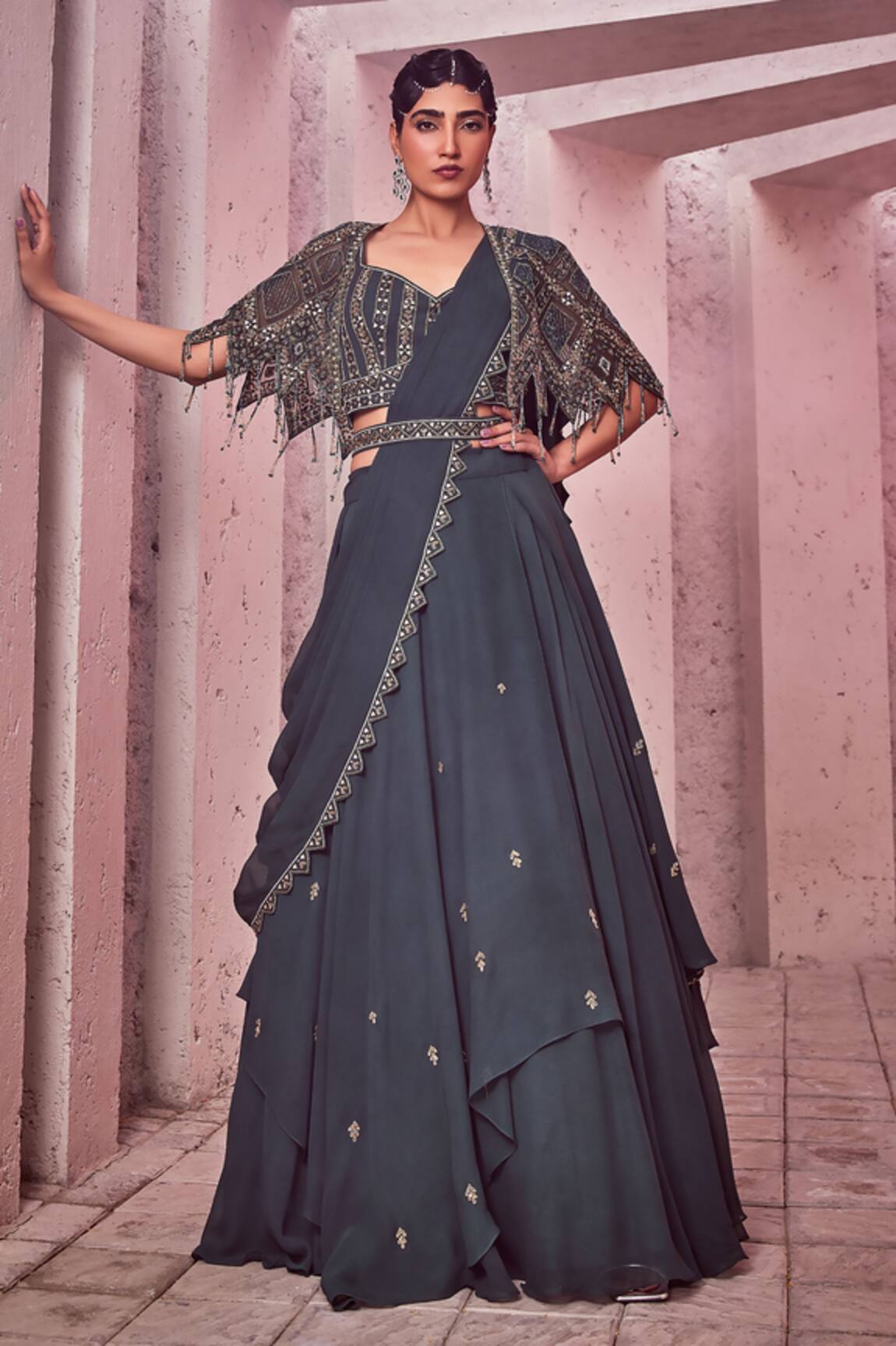 Miku Kumar Embroidered Cape Draped Lehenga Set