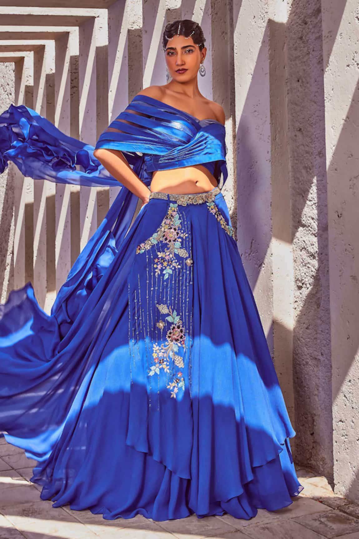 Miku Kumar Stripe Pattern Cape Skirt Set