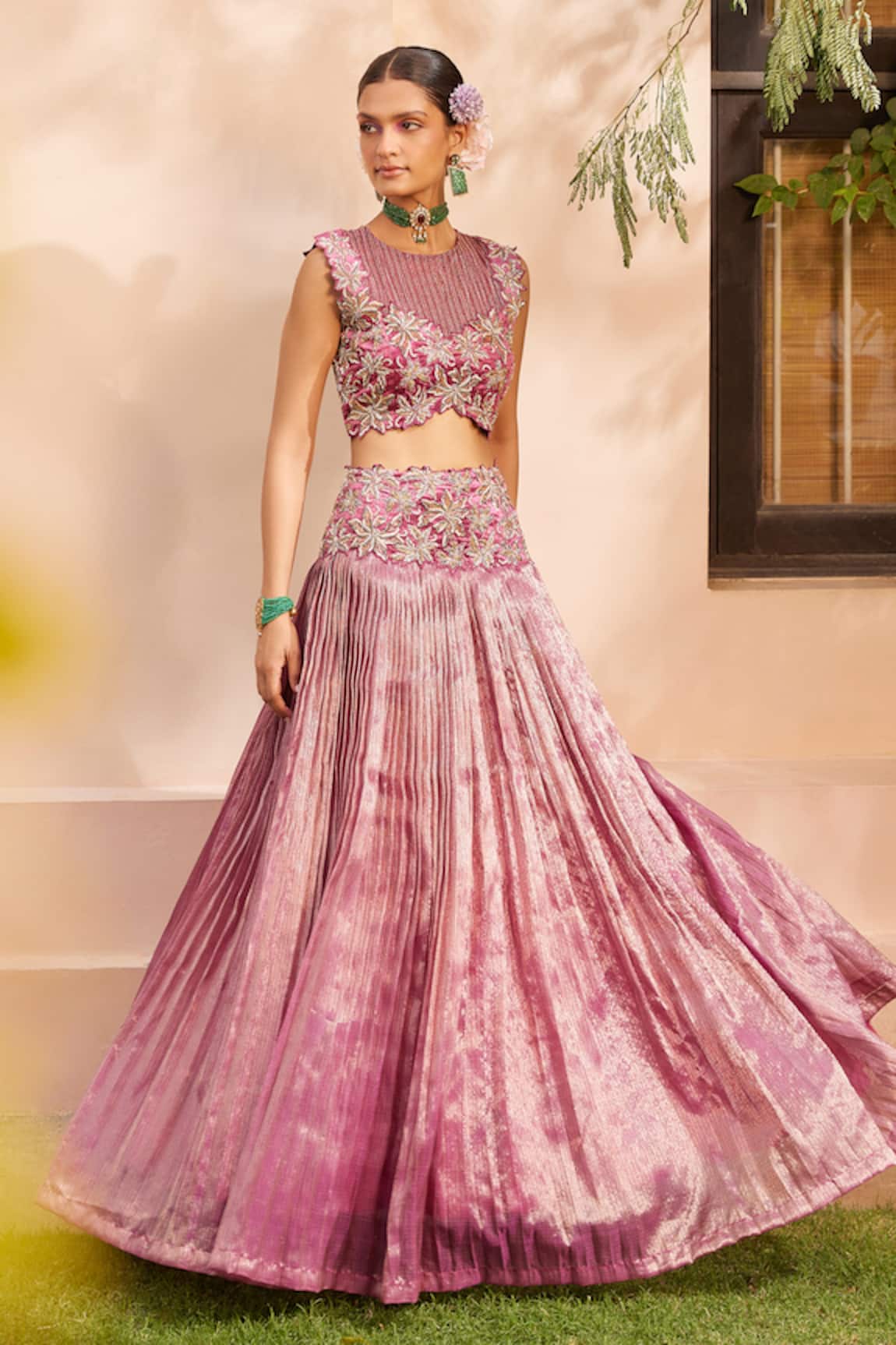 Anu Pellakuru Floral Embroidered Pleated Bridal Lehenga Set 