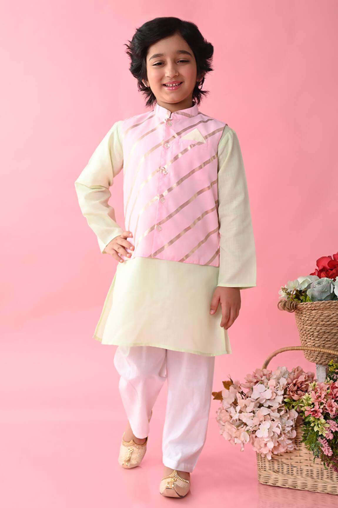 Saka Designs Stripe Print Bundi & Kurta Set