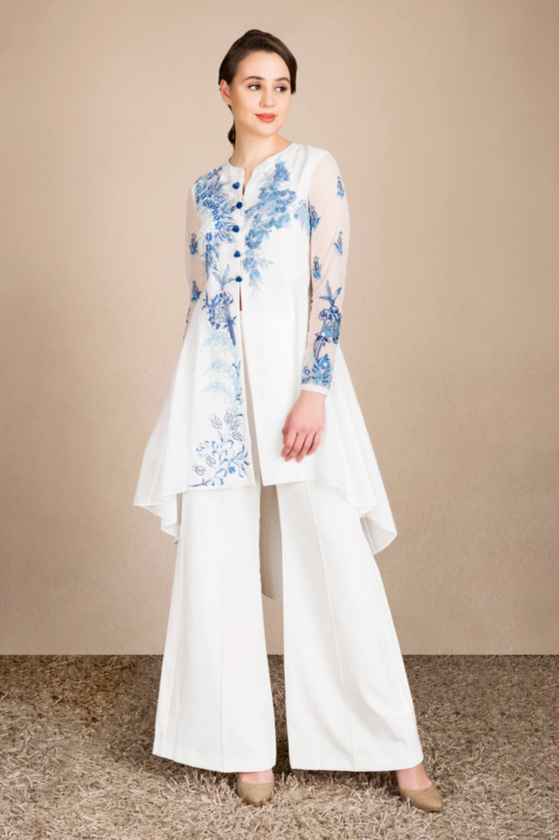 Saaj By Ankita Embroidered Top & Bell-Bottom Pant Set