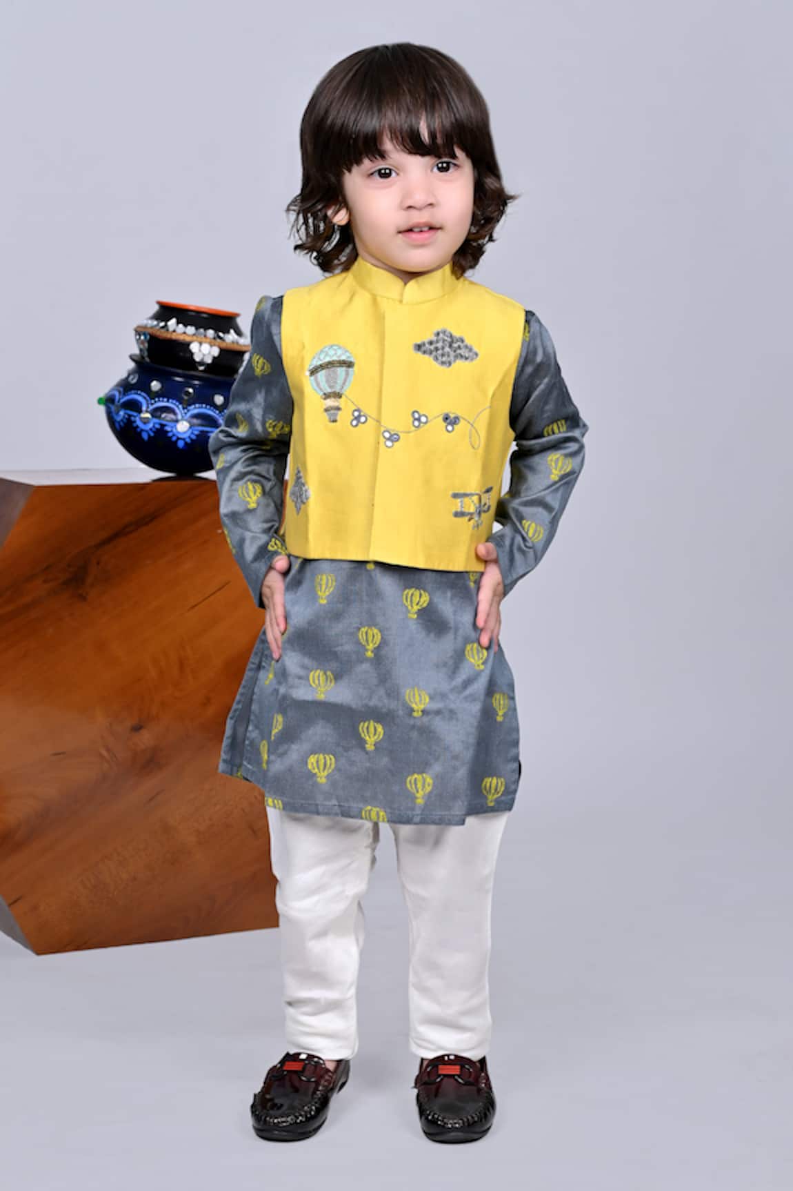 Little Brats Asymmetric Printed Kurta Set With Jacket 