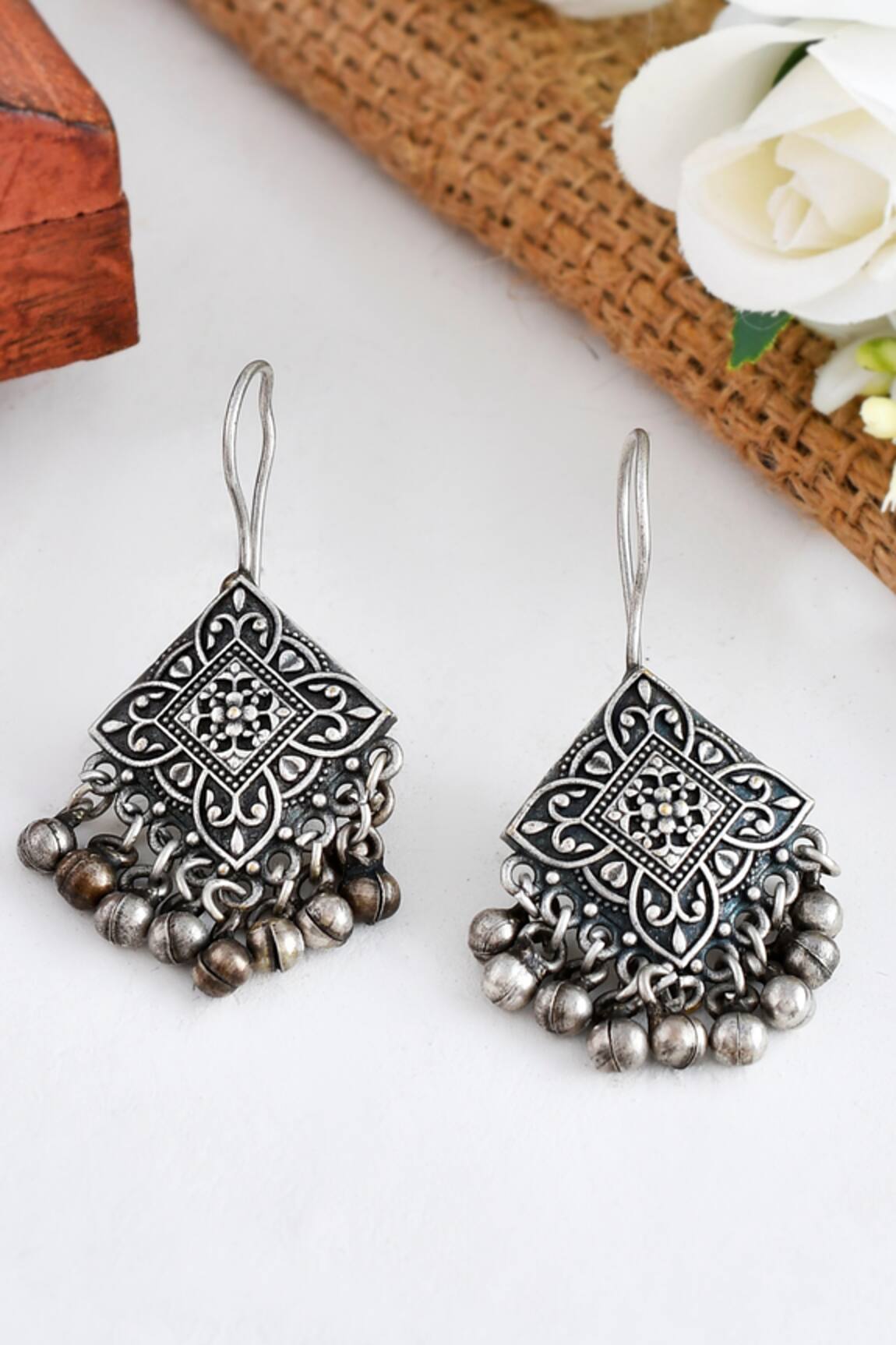 Leaf in square shaped german silver earrings with stones and pearl drops   Fashion Jewellery