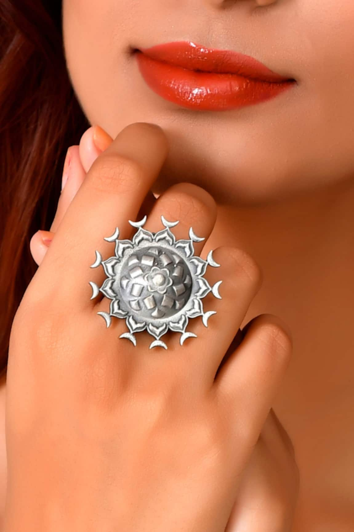 Ishhaara Matsya Chakra Oxidised Carved Ring