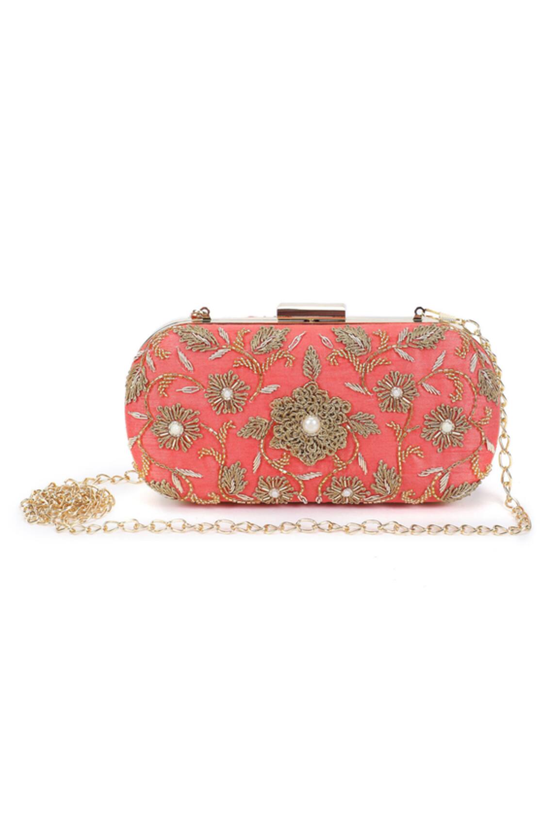 The Purple Sack Raw Silk Floral Embroidered Clutch 