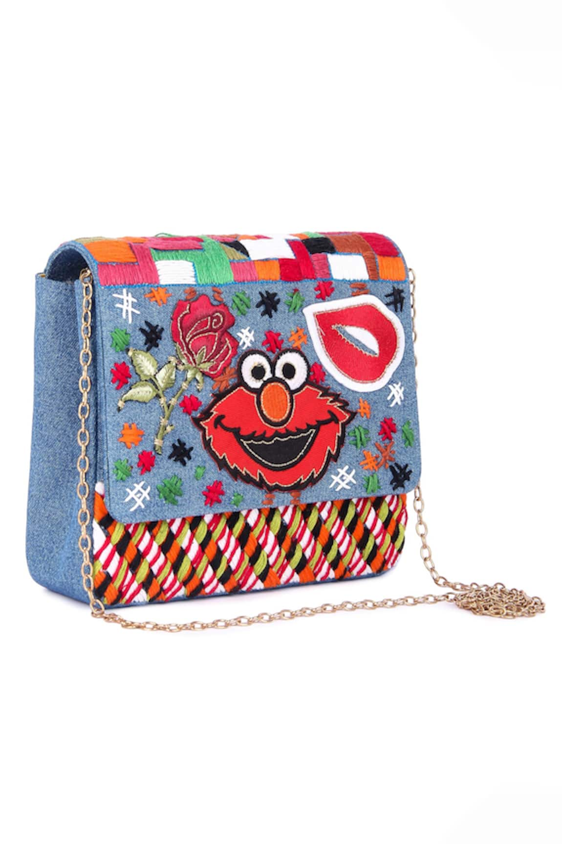 The Purple Sack Happy Monster Denim Embroidered Bag