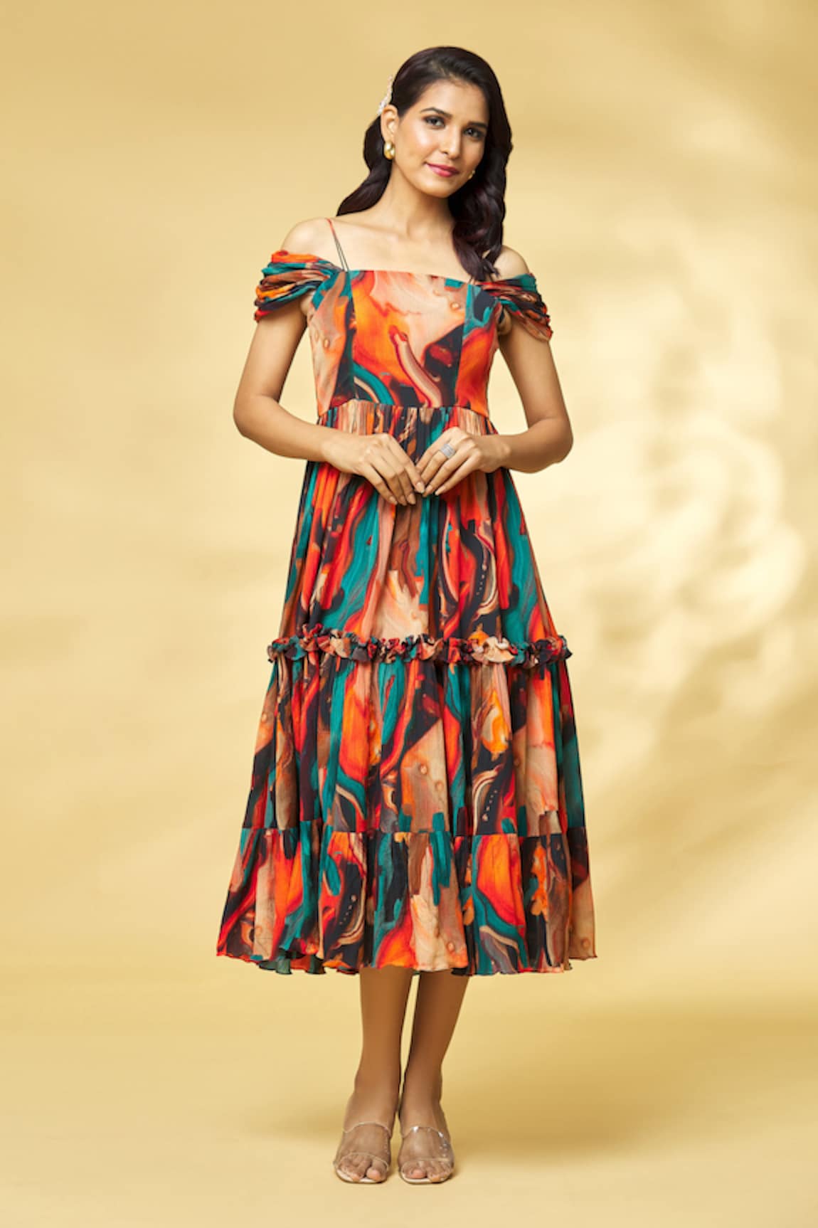 Khushbu Rathod Label Off-Shoulder Abstract Print Dress