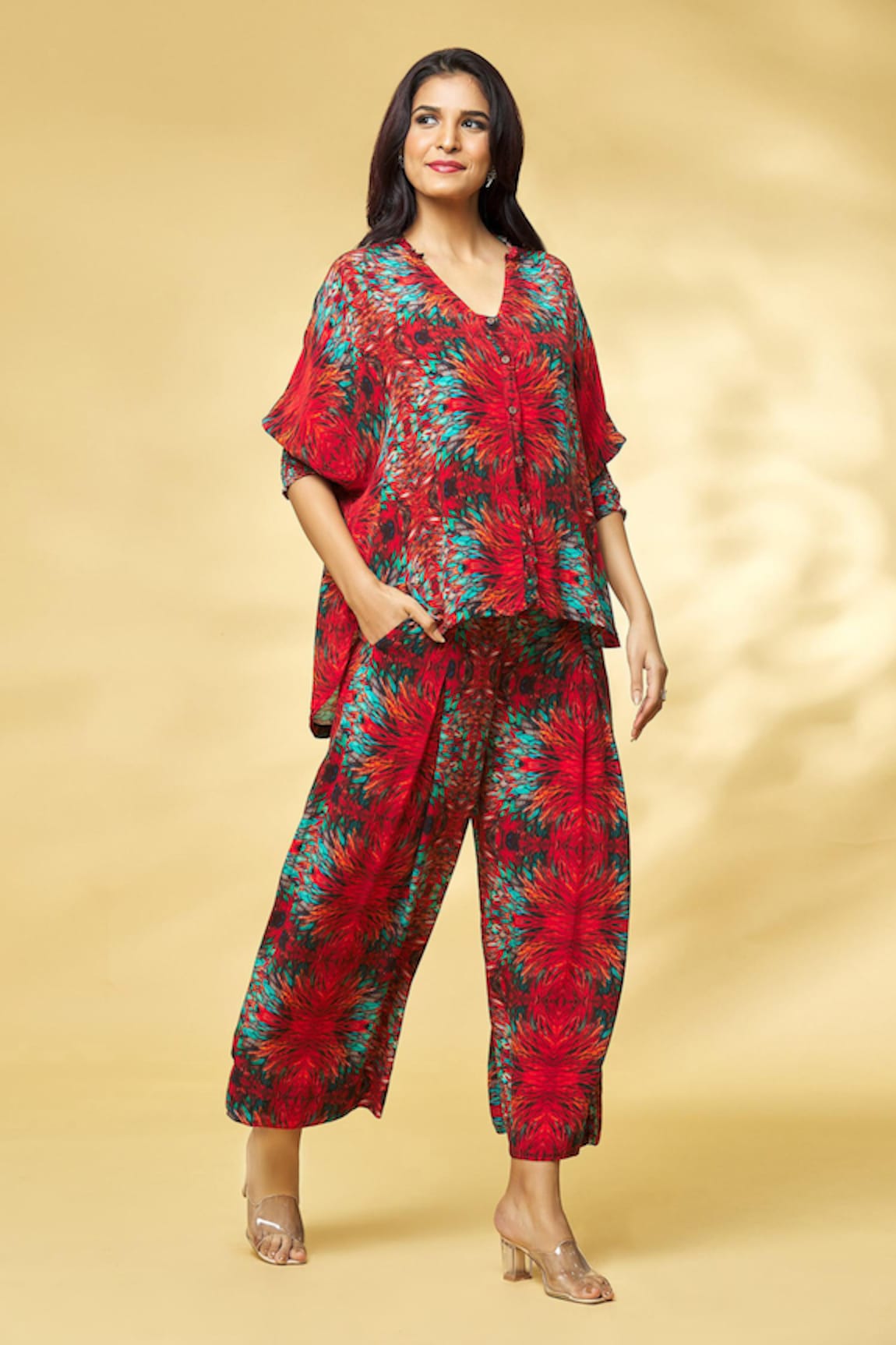 Khushbu Rathod Label Feather Print Shirt & Box Pleat Pant Set