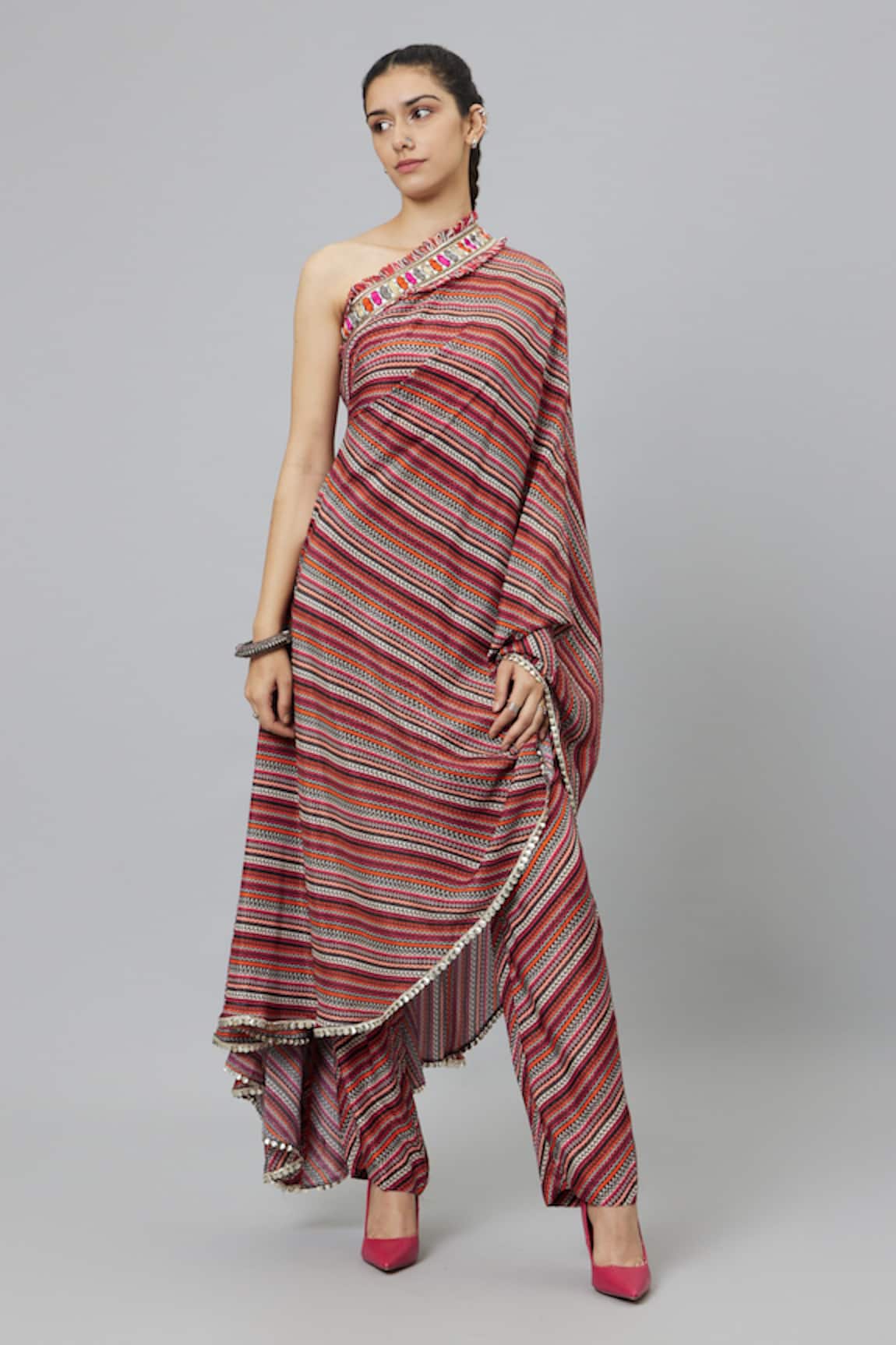 SVA by Sonam & Paras Modi Bohemian Stripe Print One Shoulder Draped Kurta & Pant Set