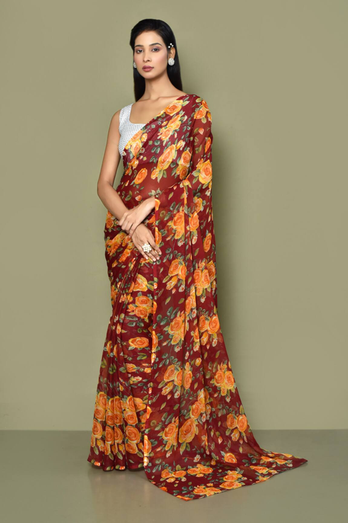 Adara Khan Botanical Print Saree With Running Blouse
