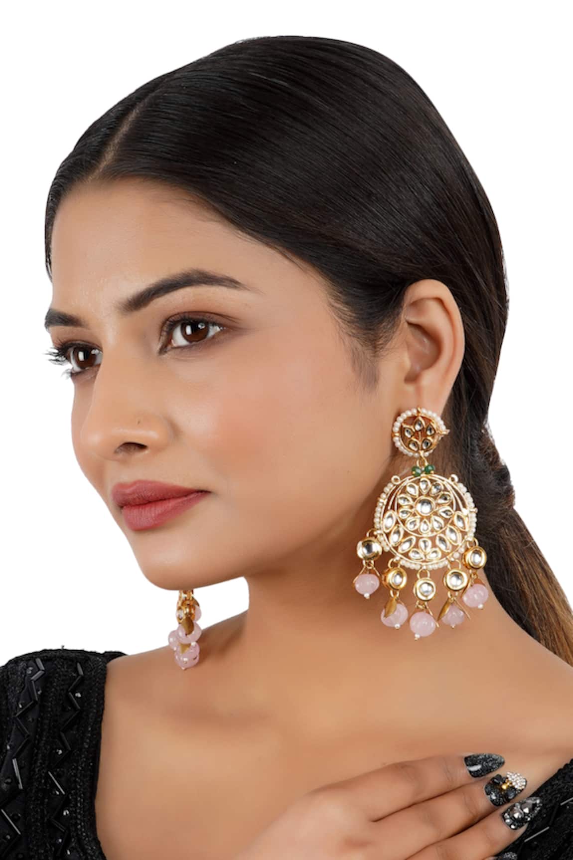 ChhavI'S Jewels Kundan Carved Chandbali Earrings 