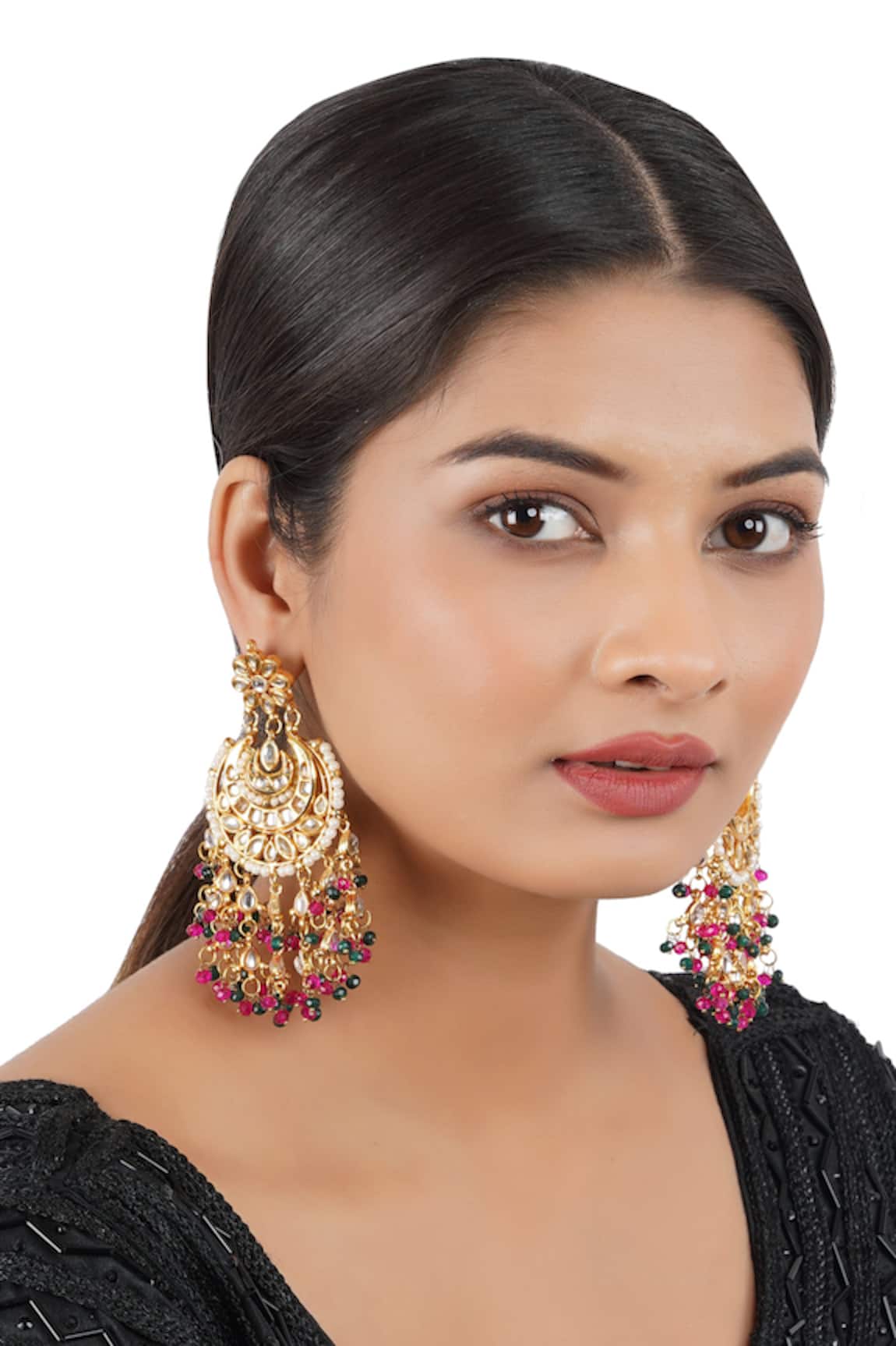 ChhavI'S Jewels Bead Drop Carved Chandbali Earrings 