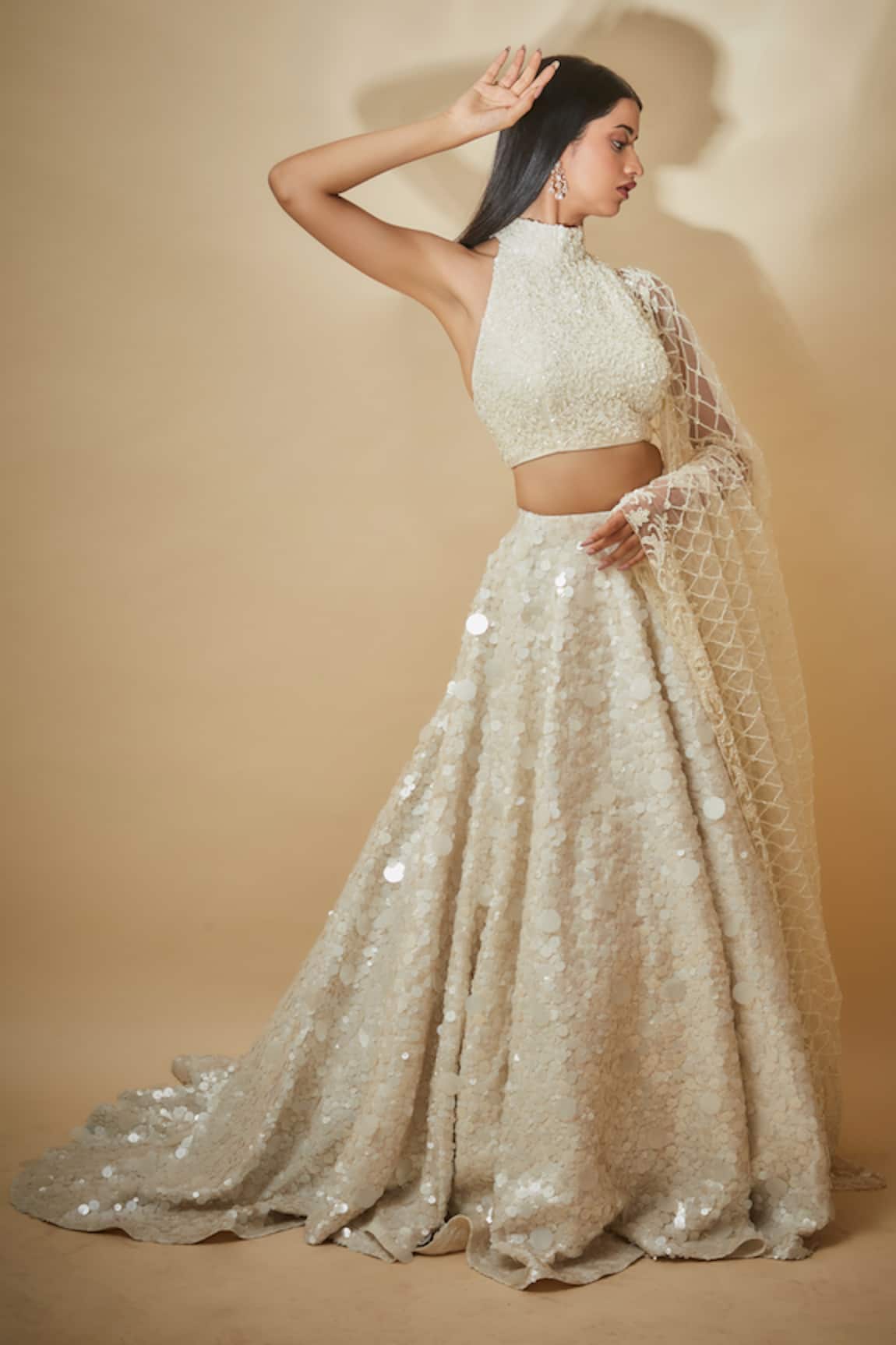 Premya By Manishii White Sequins Hand Embroidered Lehenga Set