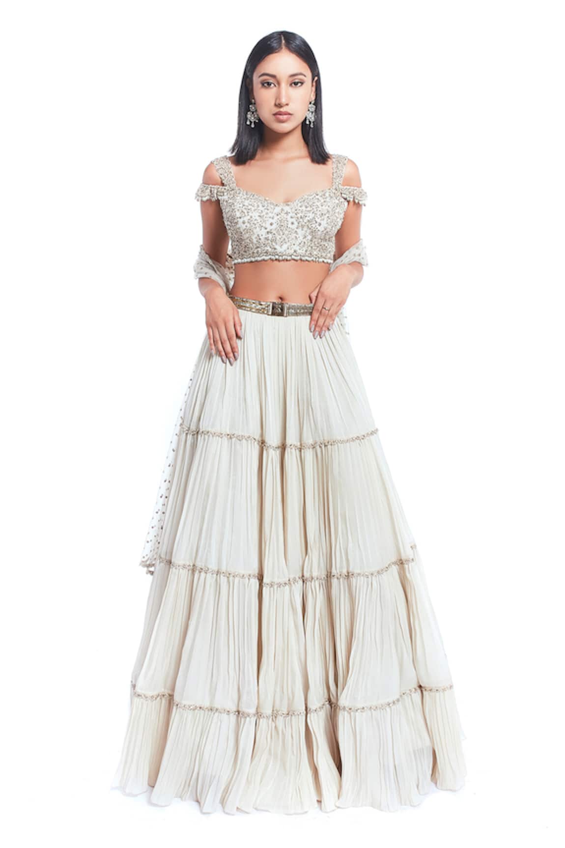 Rocky Star Cord Embroidered Blouse Tiered Lehenga Set