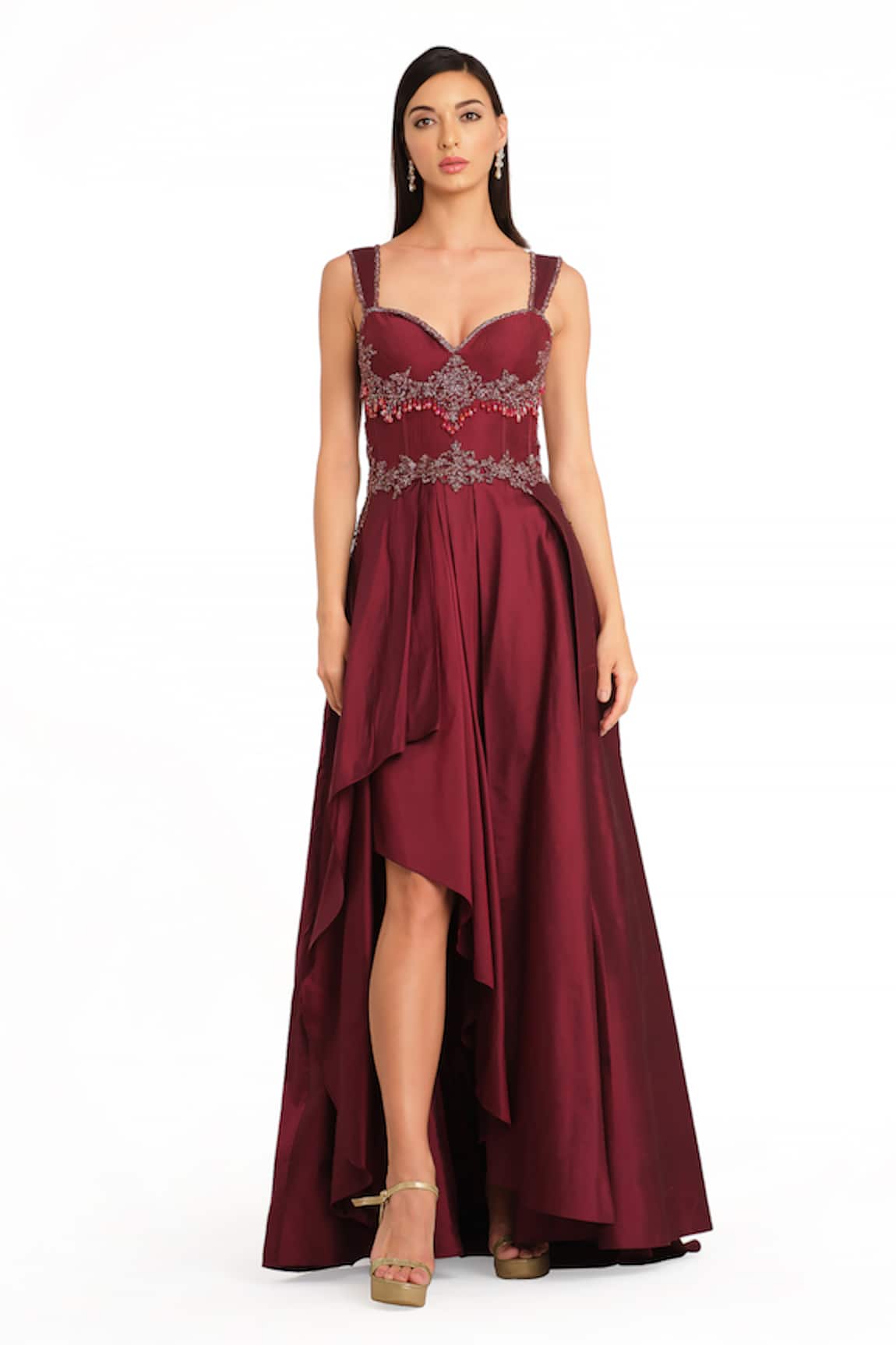 Rocky Star Embroidered Yoke Asymmetric Trail Gown