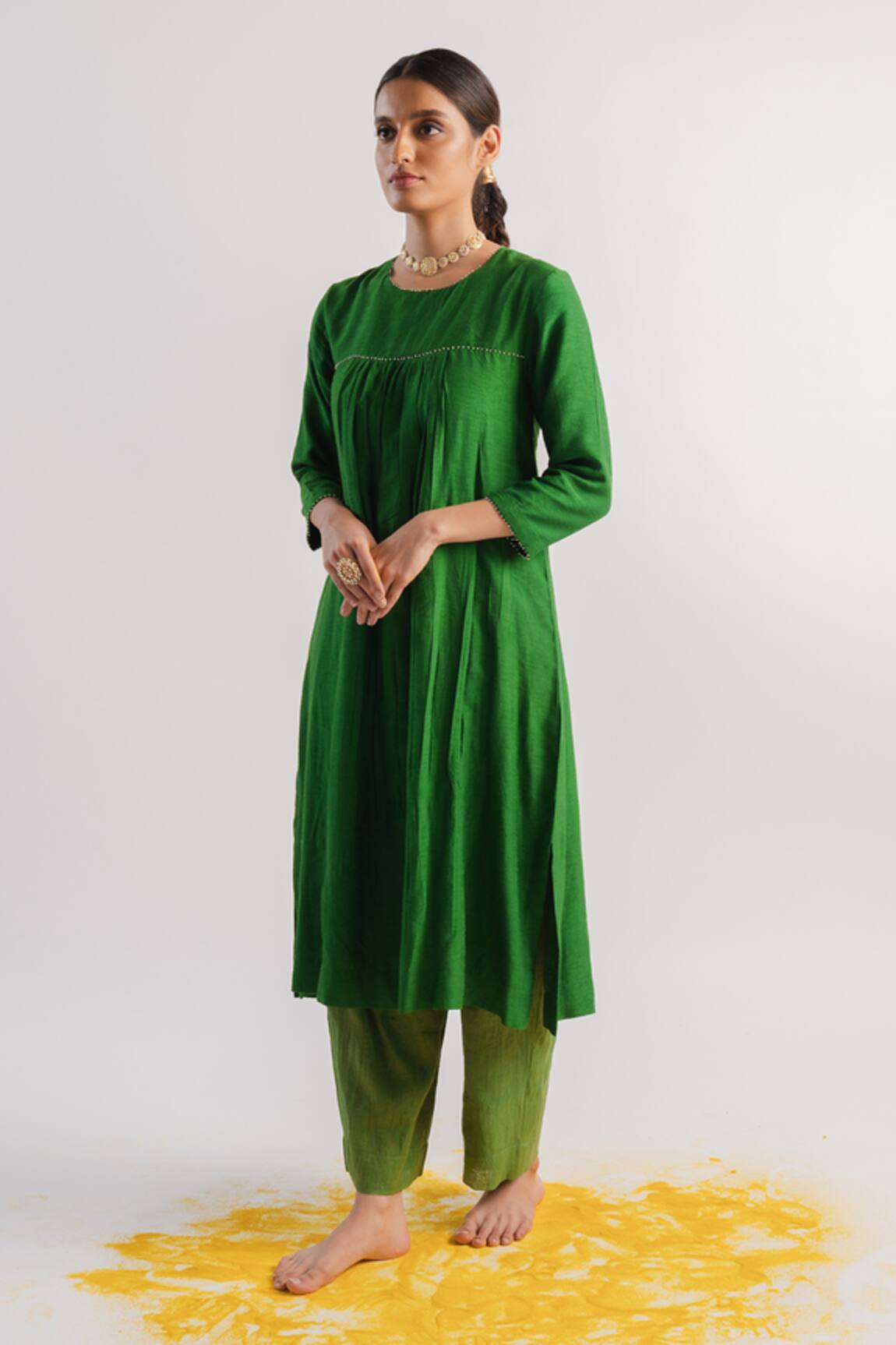 Tussah By Siddhi Shah Neck Embroidered A-Line Kurta & Pant Set 