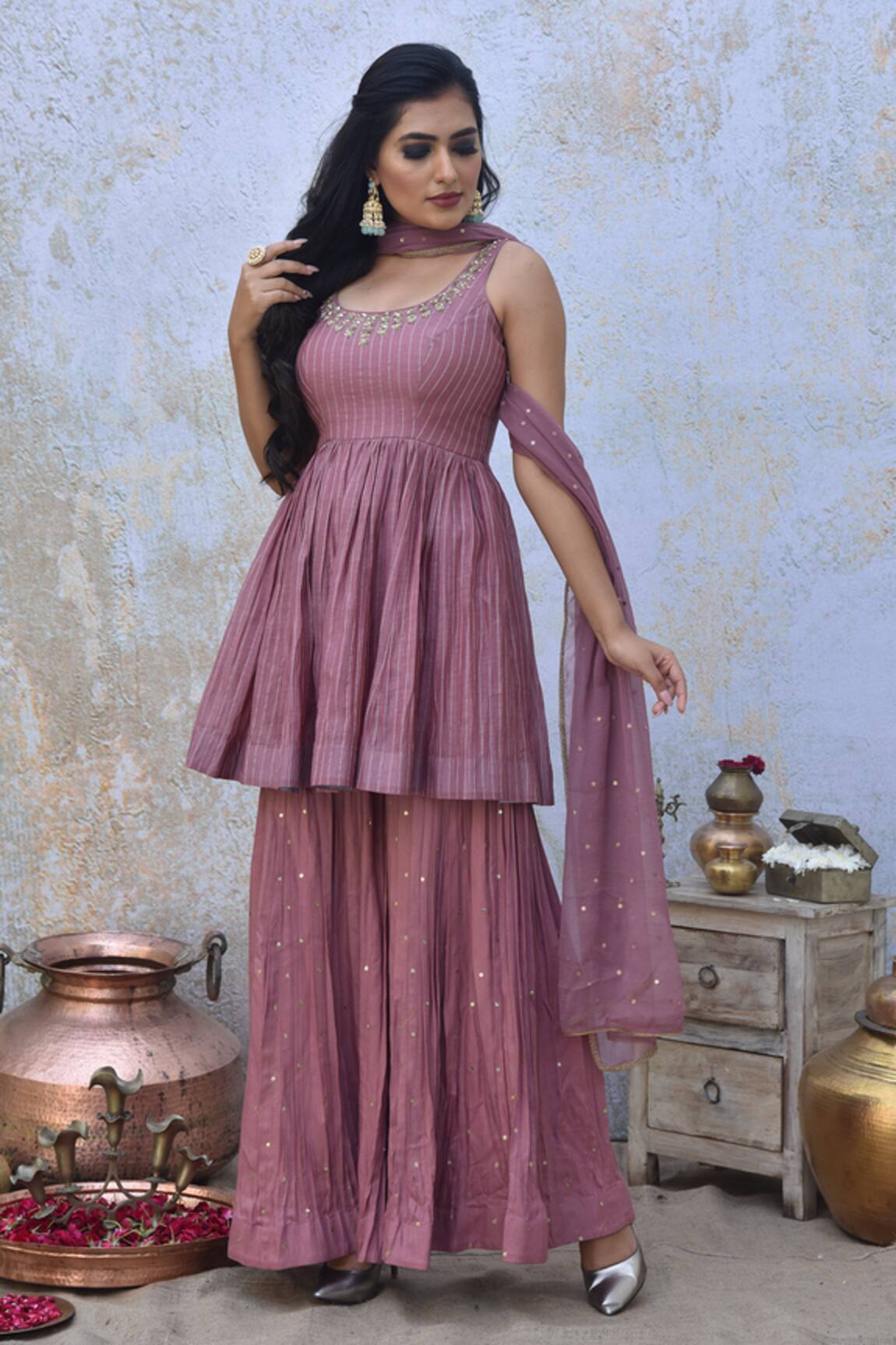 Tussah By Siddhi Shah Striped Print Peplum Top Sharara Set 