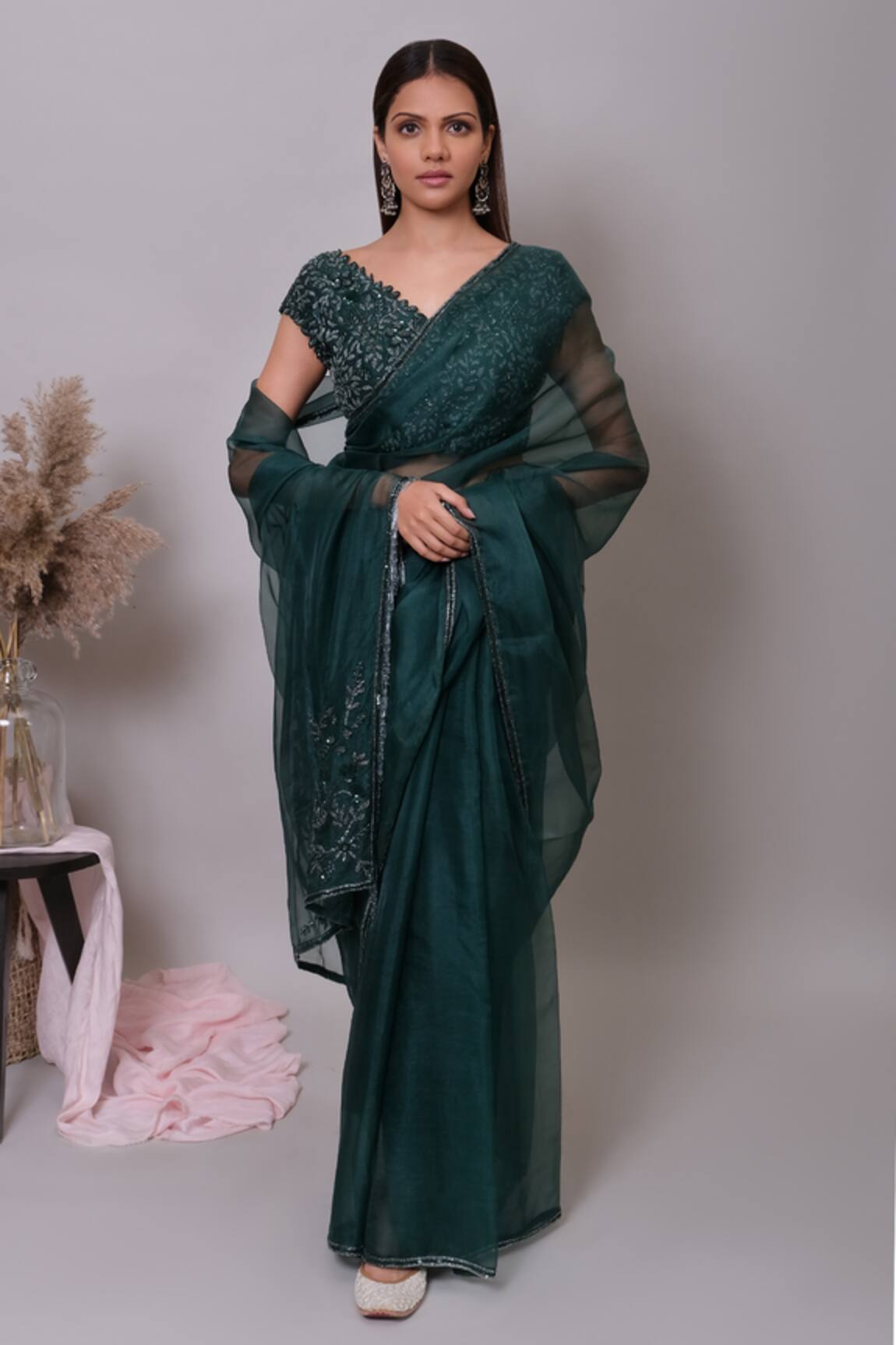 Nayantaara Bottle Green Hand Embroidered Saree Set
