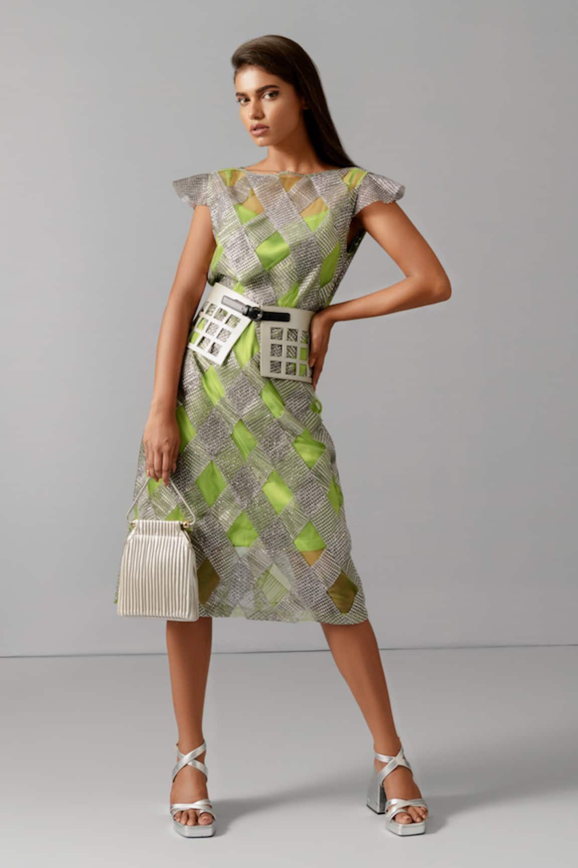 Devina Juneja Camouflage Cap Sleeve Sequins Midi Dress with Belt